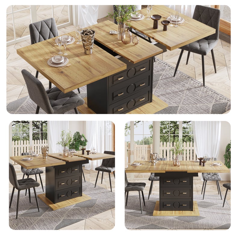 Rozkładany stół jadalny dla 4-6 osób z 2 szufladami i 1 opuszczanymi drzwiami - 110/140 x 80 x 75 cm - MDF i metal - Czarny + naturalny