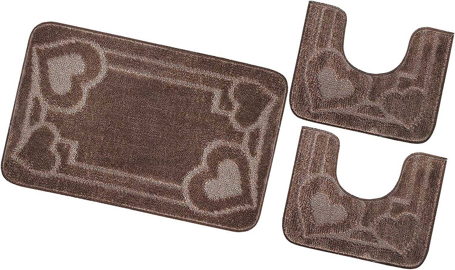 Juego de 3 alfombrillas de baño para inodoro lavabo moderna suave antideslizante absorbente color sólido corazón marrón