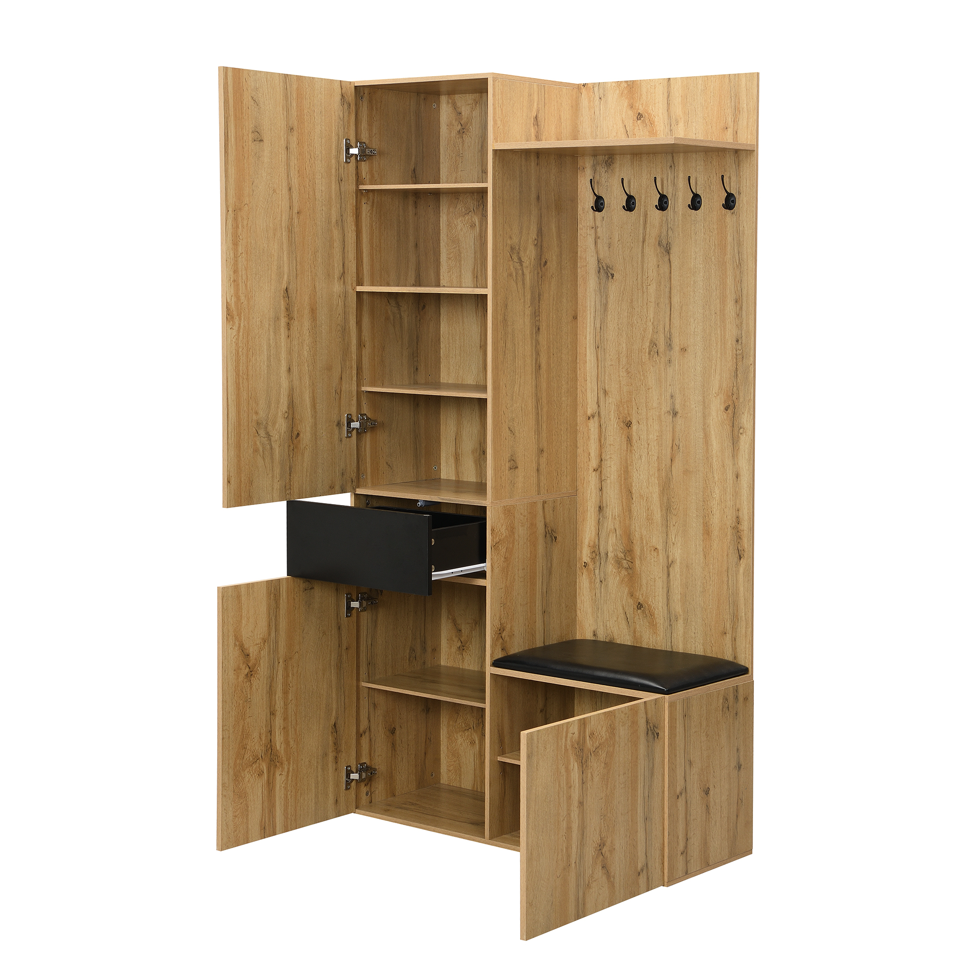 Ensemble meuble à chaussures avec banc + miroir + porte-manteau - 98,5 L x 38 l x 191 H cm - 3 portes et 1 tiroir - MDF - Naturel + noir - 10