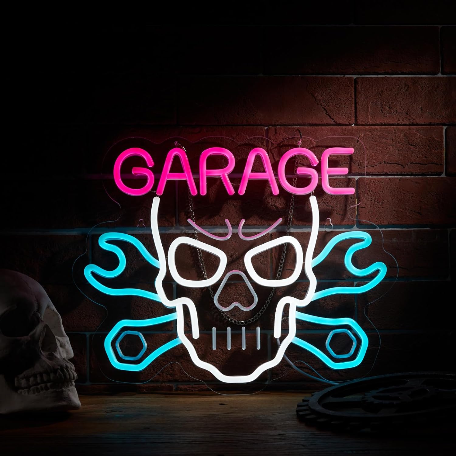 Neonowy panel Skull Garage Car Service do dekoracji ścian z włącznikiem/wyłącznikiem ściemniacza, panel świetlny LED