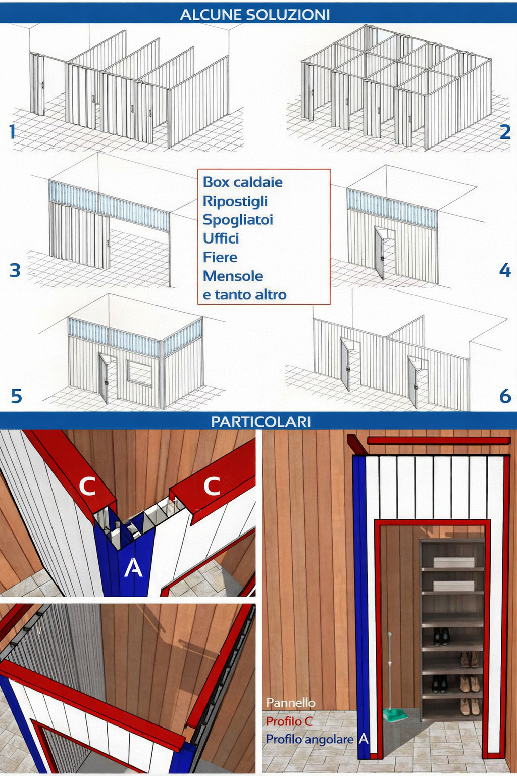 Pannelli divisori in PVC (mt 1 x 2,2 H) disponibili in H 220/300. Prezzo pannelli €75/m² N.B: Per gli accessori di complemento vai a Caratteristiche - 6