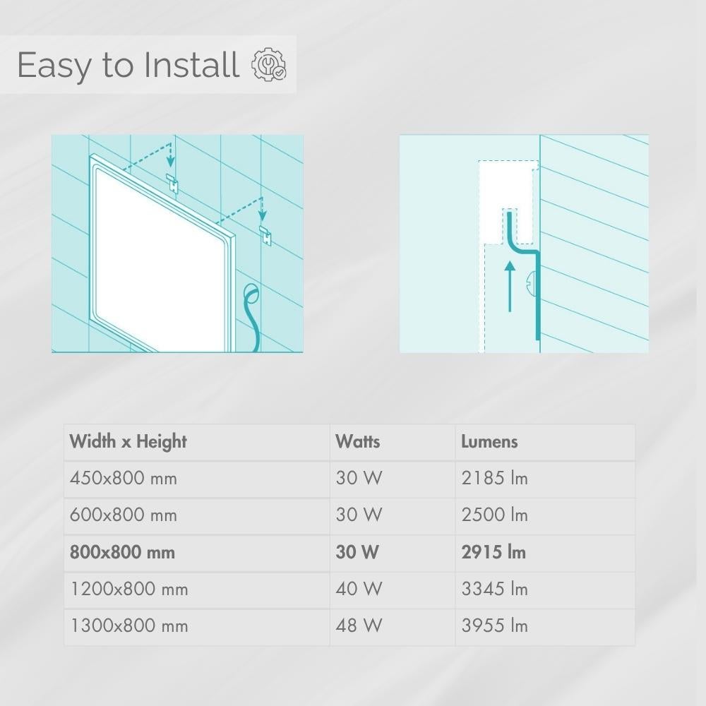 Specchio LED da Bagno Rettangolare - Sensore di Accensione/Spegnimento e Antiappannamento - Luce Bianca Fredda (5700K) - 80x80cm | Modello MIA AV - 8