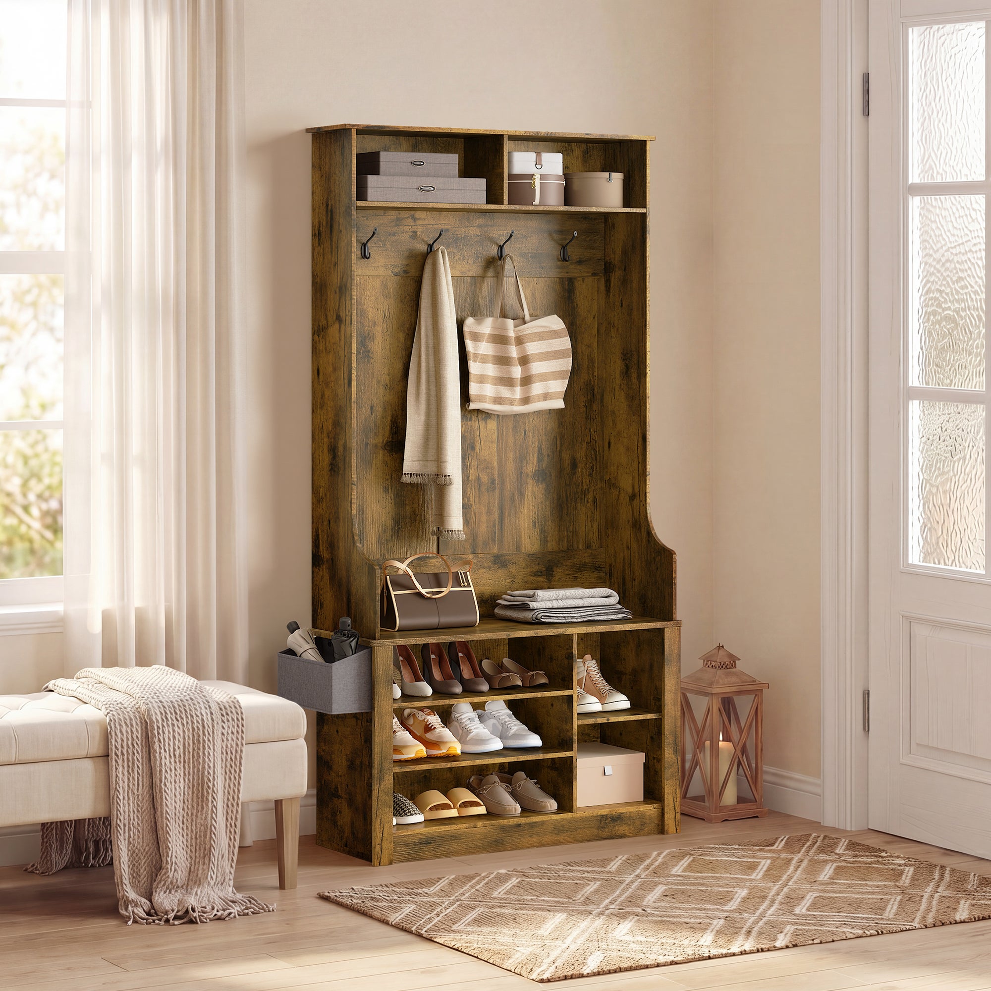 Meuble d'entrée multifonction,portemanteau avec patère et étagères à chaussures,88 x 30 x 183 cm,style industriel - 2