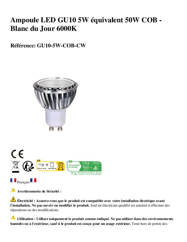 Ampoule LED GU10 5W équivalent 50W COB - Blanc du Jour 6000K - 5