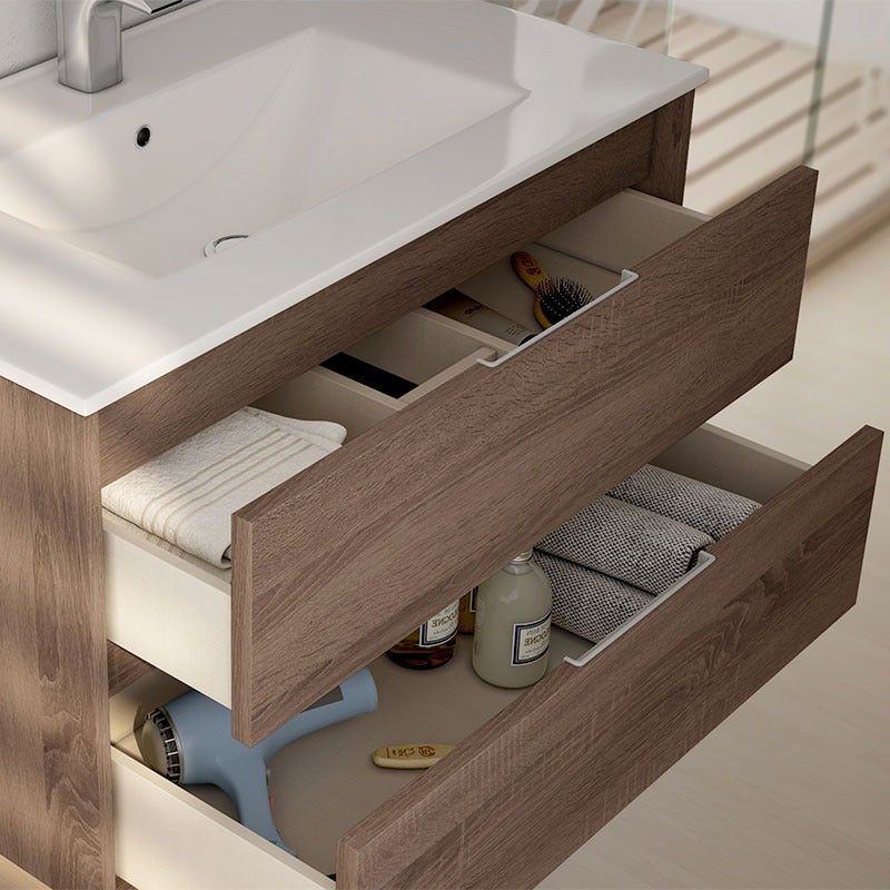 Meuble de salle de bain 100cm simple vasque - 3 tiroirs - sans miroir - TIRIS 3C - britannia (chêne foncé) - 2