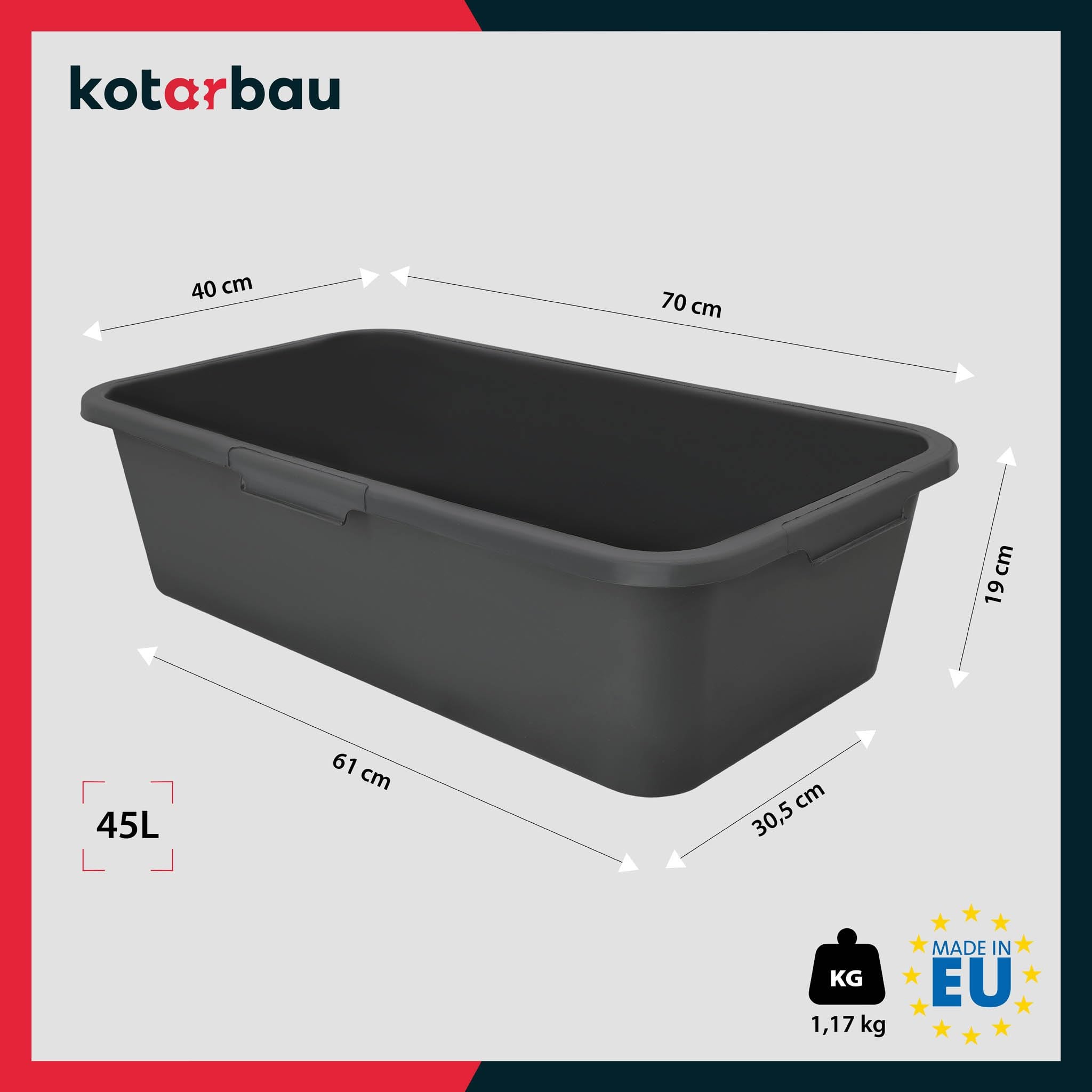Auge de Maçon - Seau Plastique - 45 L - 68,5x38x24 cm - Bac À Mortier - Rectangulaire - Noir KOTARBAU - 2