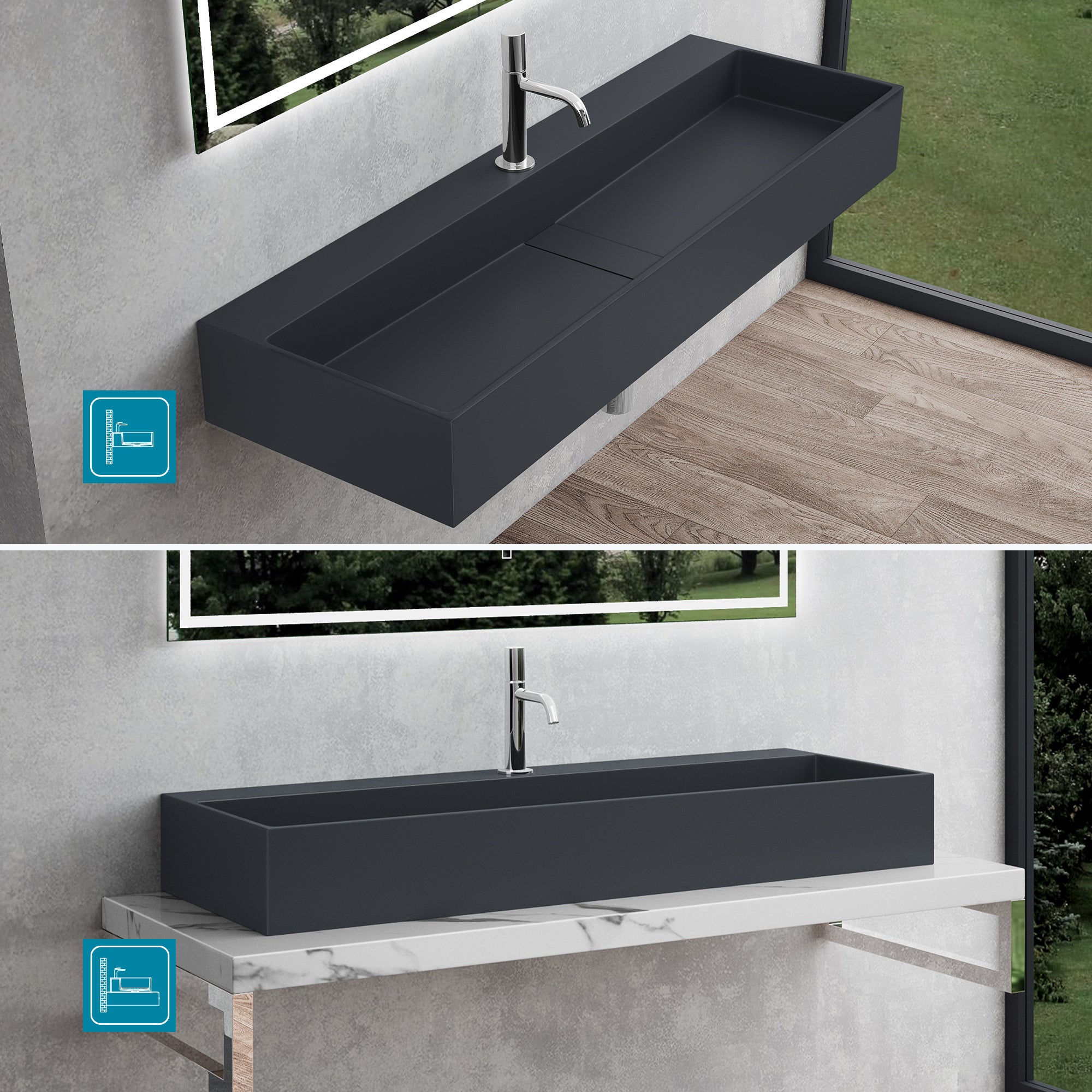 Mai & Mai Lavabo Suspendu Vasque à Poser Gris Noir Mat 100x40x14cm Évier Lave Mains Salle de Bain avec Cache Bonde Col6028 - 6