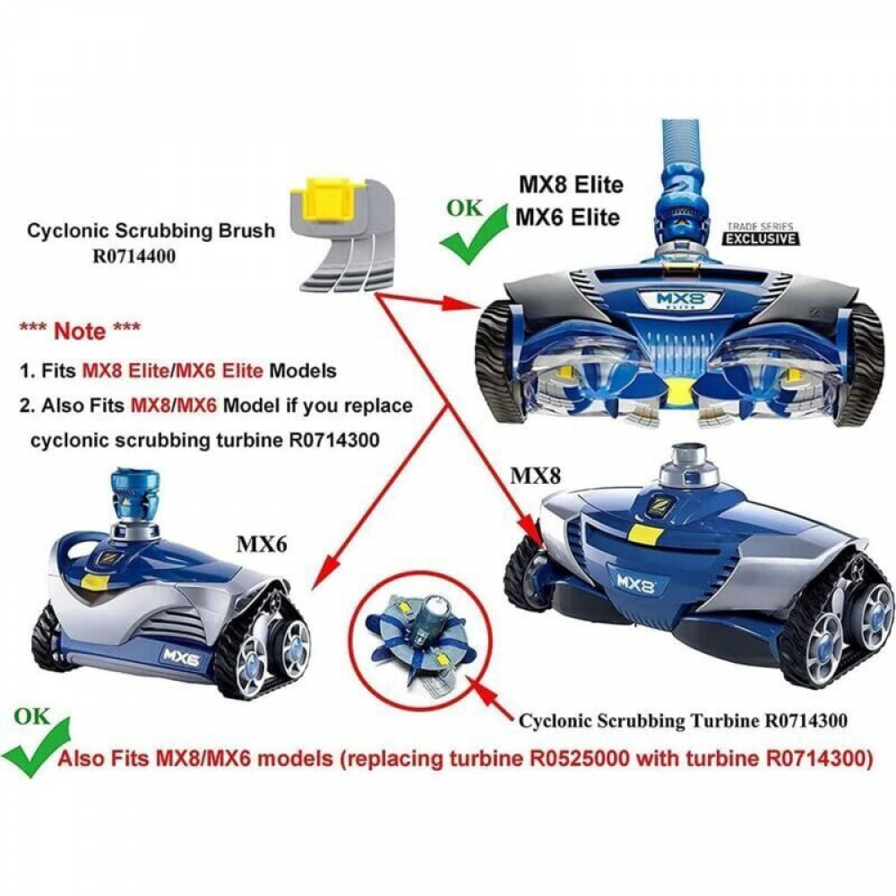 Zestaw 4 szczotek cyklonowych odśrodkowych R0714400 do odkurzaczy basenowych Zodiac MX8 MX6 Elite RW. Akcesorium do robota basenowego. - 4