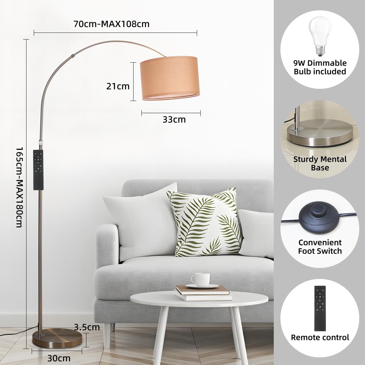 Lampadaire arc avec télécommande, LED E27 dimmable, abat-jour tissu brun 33 cm, style vintage argenté pour salon, chambre, hôtel - 8