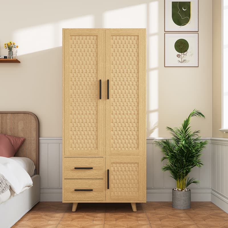Móvel de arrumação madeira carvalho, portas rattan, 2 gavetas, 1 compartimento, estilo escandinavo, pés madeira, para quarto e sala. - 3