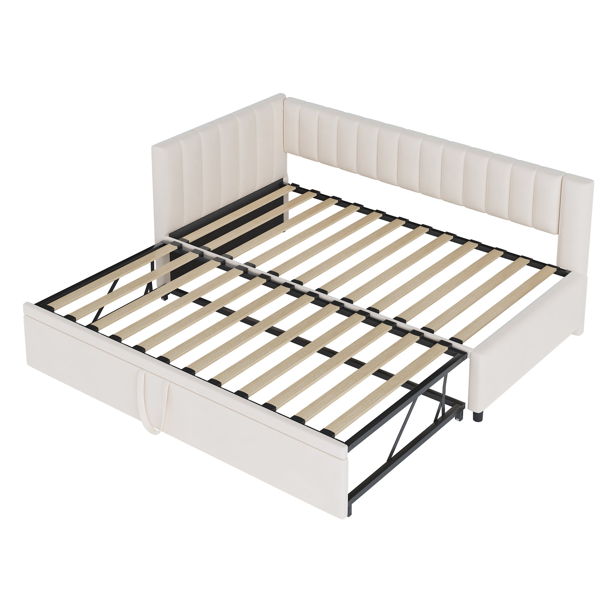 Lit gigogne 90/180 x 200 cm en forme de L, Canapé-lit - Velours - Sommier à lattes - Beige (sans matelas) - 8