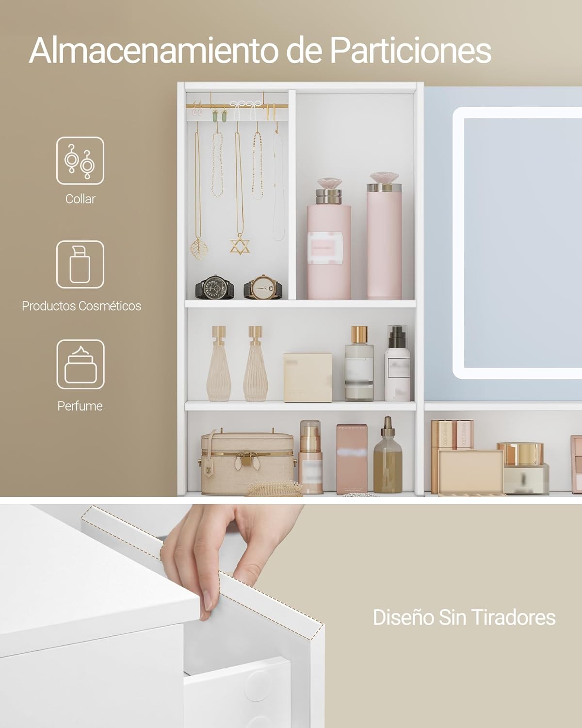 Coiffeuse avec Grand Miroir, avec éclairage LED, Coiffeuse d'angle en L, avec 5 Tiroirs et 7 Compartiments Ouverts, Crochets pour Colliers,Blanc - 3