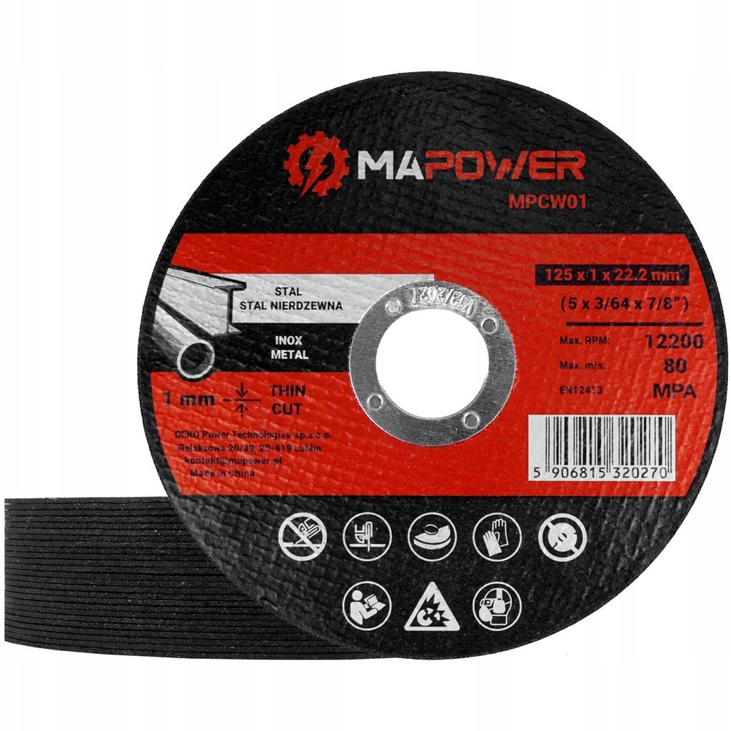 Tarcza tnąca do cięcia metalu INOX 125 mm 125x1x22,2 MAPOWER MPCW25 25 sztuk