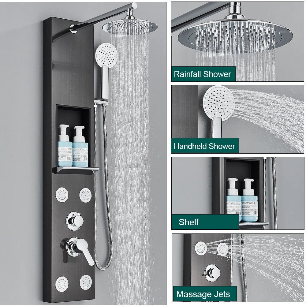 Ensemble de mitigeur thermostatique de douche, panneau de douche noir avec étagère de rangement et pomme de douche,robinet mitigeur à deux poignées - 2