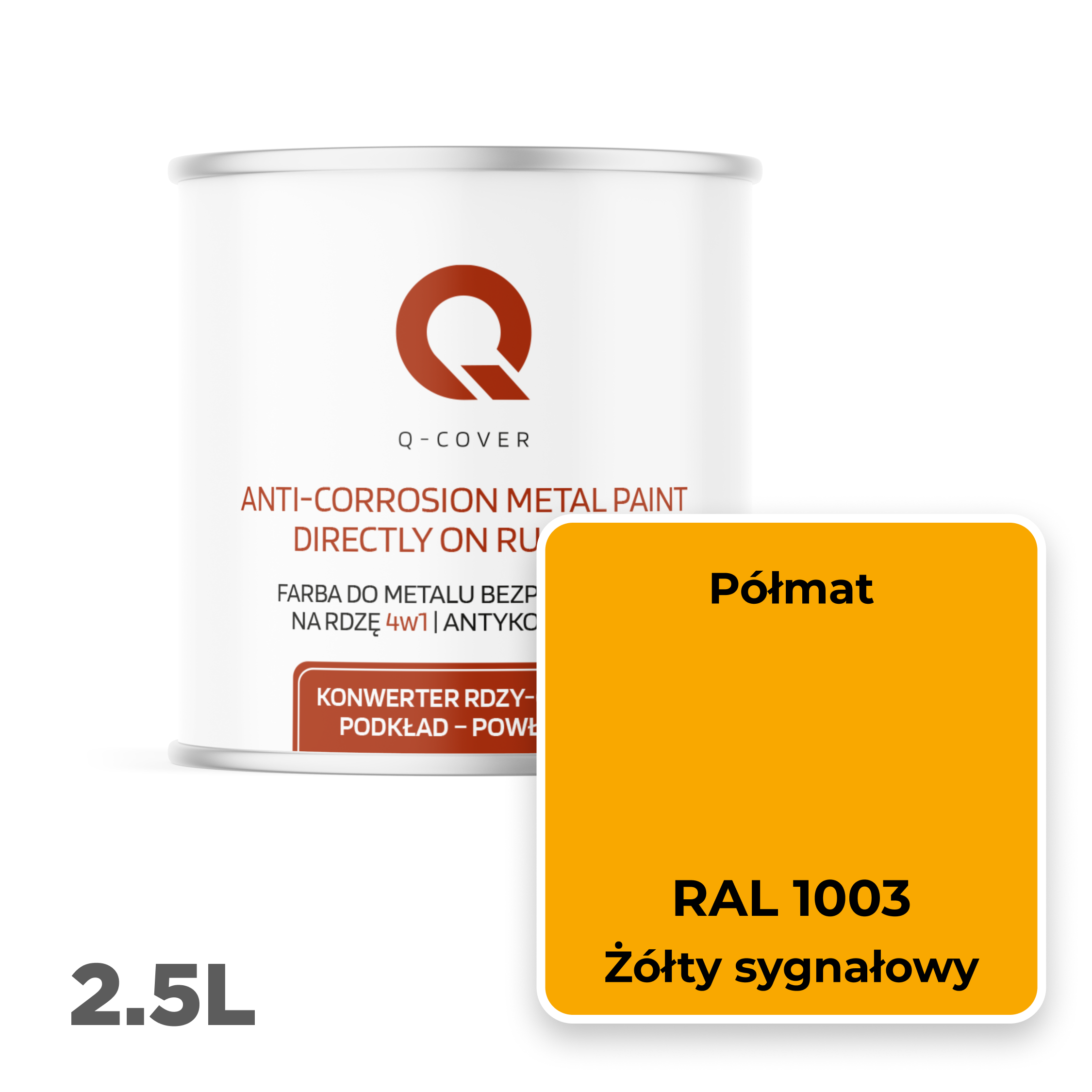 Farba do Metalu Prosto na Rdzę 4w1 Q-Cover Żółty sygnałowy RAL1003 Półmat 2.5L - 2