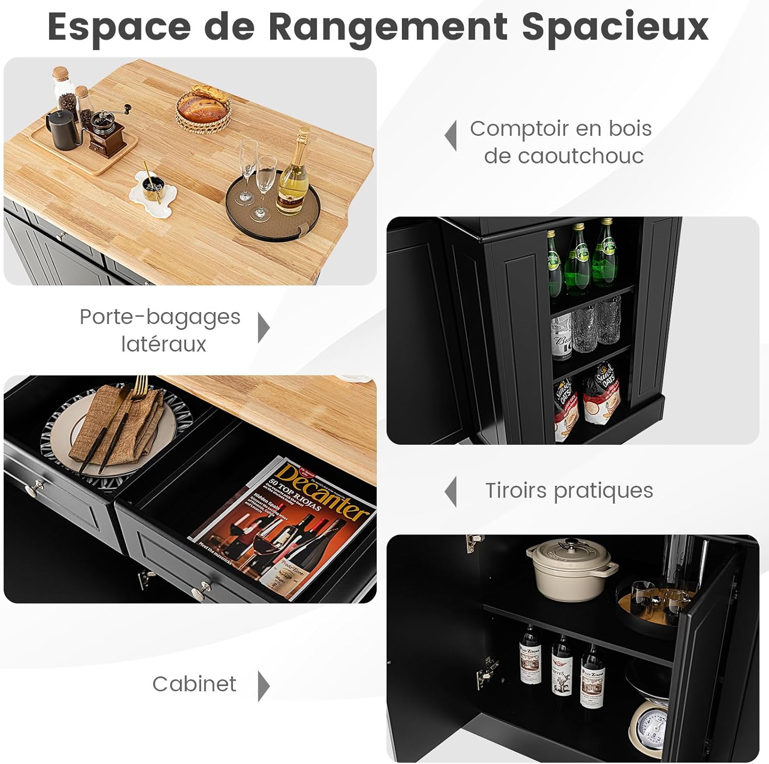 Ilot Central Cuisine Comptoir en Bois d'Hévéa Pliable, Étagères Réglables , 61 x 120 x 92 cm, Noir - 5