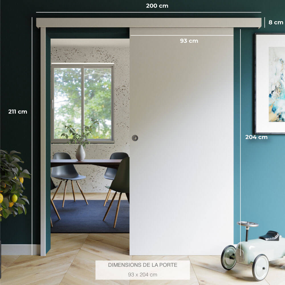 Porte Coulissante avec Rail + Serrure - Prépeinte Plane 93 cm - 5