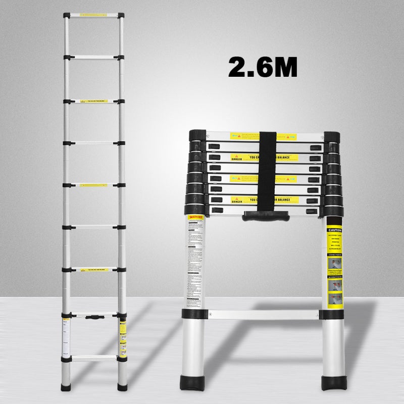 Drabina teleskopowa 2,6 m, srebrna, składana, teleskopowa, składana, prosta, pojedyncza, maks. obciążenie 150 kg