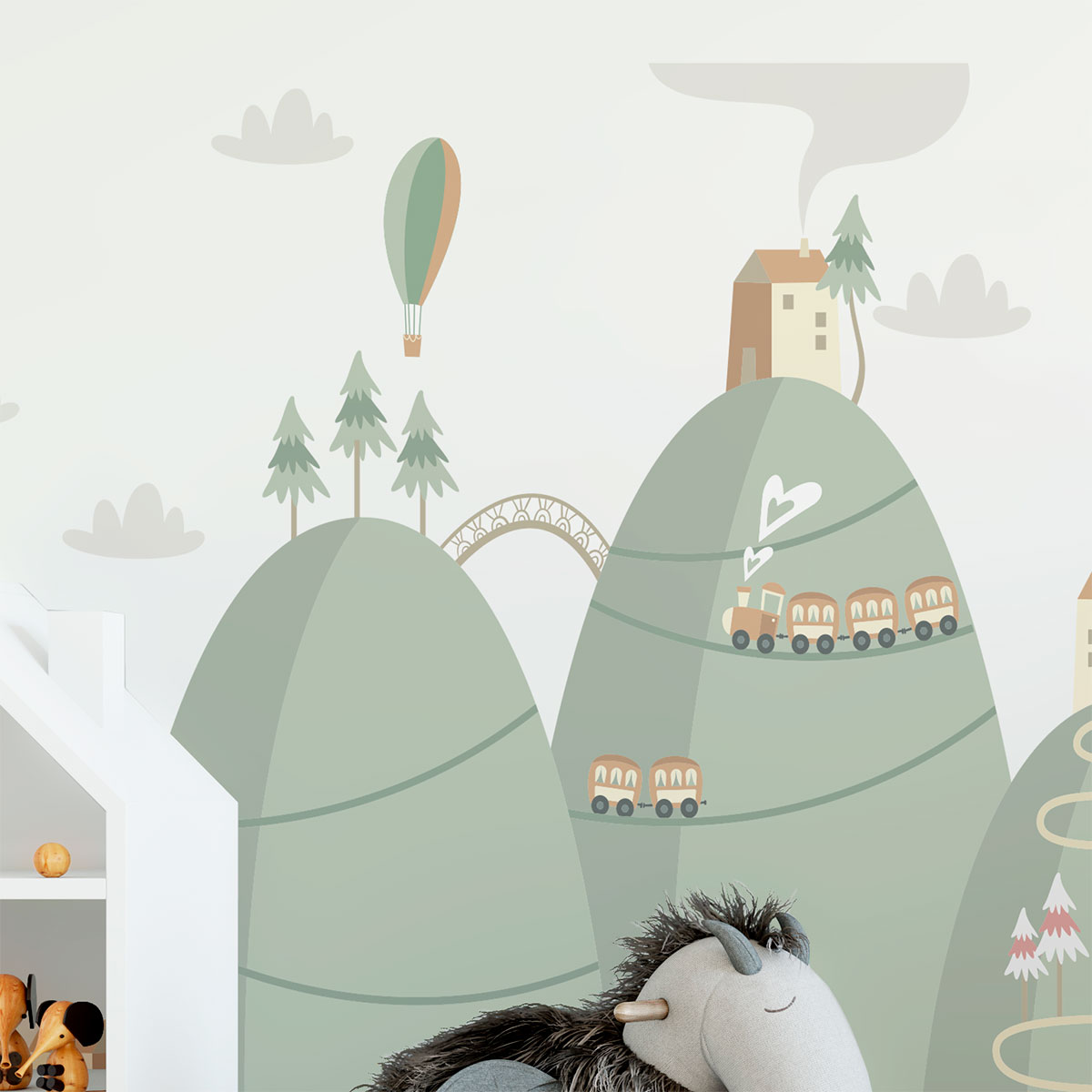 Adesivo bambino di montagna scandinavo mongolfiere nel villaggio - Sticker adesivo - adesivi murali - 60x90cm - 7