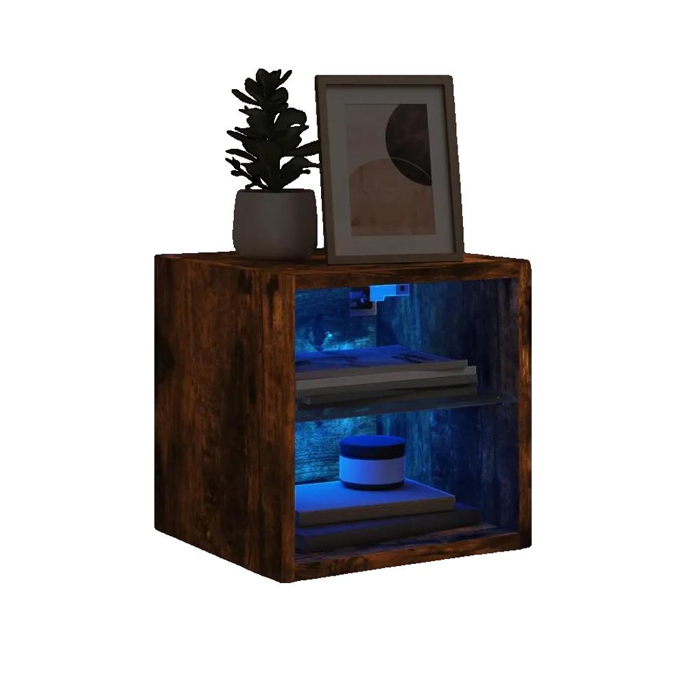 vidaXL Meuble TV mural avec lumières LED chêne fumé 30x28,5x30 cm - 3