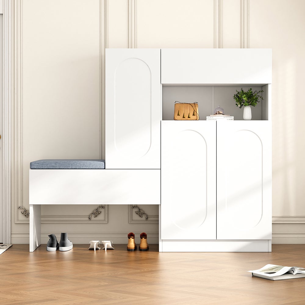 Armoire à chaussures 2-en-1 blanche, portes Soft Close, banc rembourré, 130x35x110cm - 6