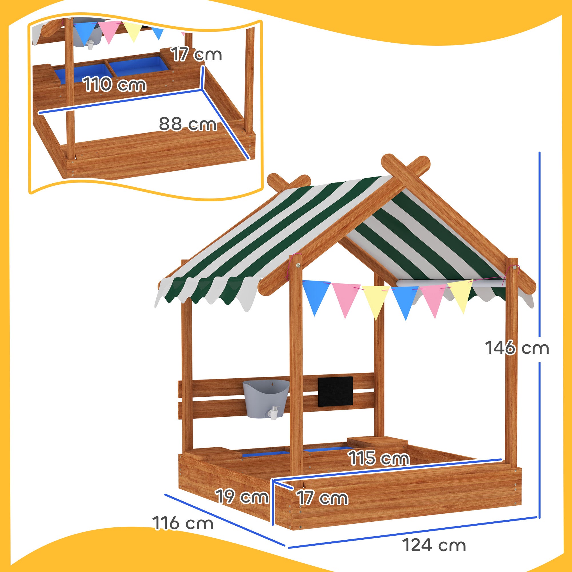 Caixa de Areia para Crianças Outsunny em Madeira de Abeto Laranja 124x116x146 cm - 3