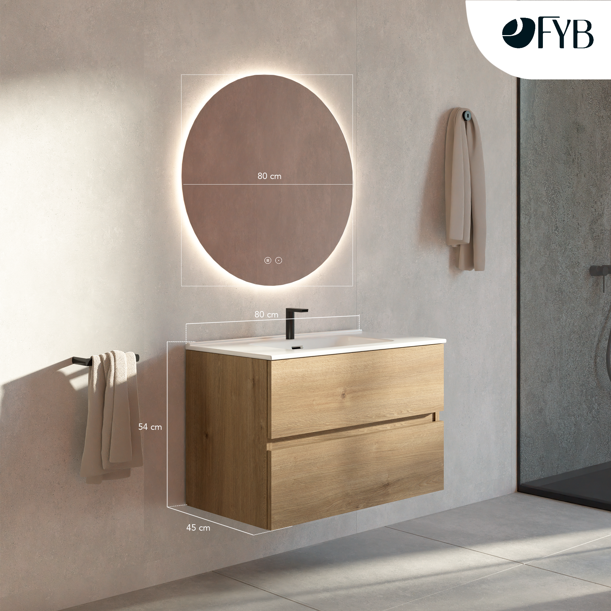 Feel Your Bath Meuble Salle de Bain LION 80 cm Marron avec Plan Céramique Blanc et Miroir Rond LED Antibuée – 2 Tiroirs Soft Close - 3
