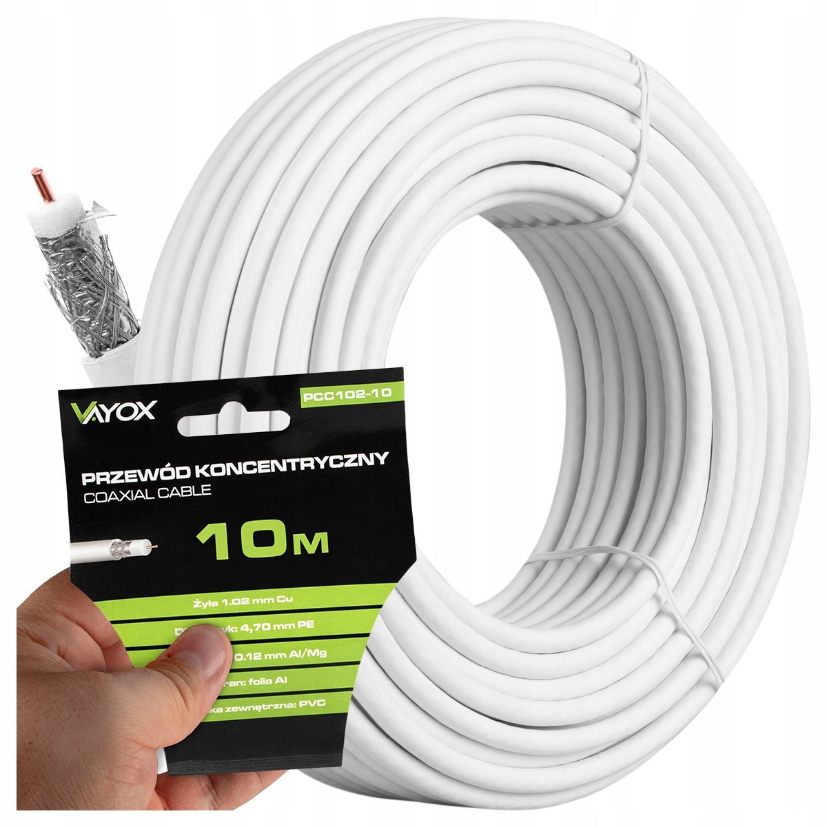 Kabel koncentryczny 10m Vayox PCC102-10 RG6U, Biały