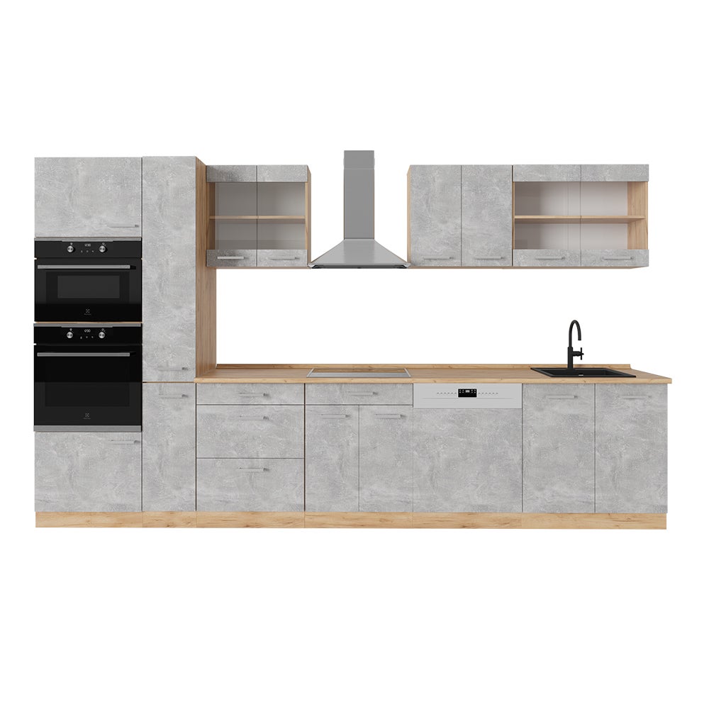 Cocina Modular 240cm Cocina R-Line Vicco 240cm - Diseño Hormigón/Blanco,  Encimera Mármol, Modular Mueble Ajustable Patas, image size:1000x1000