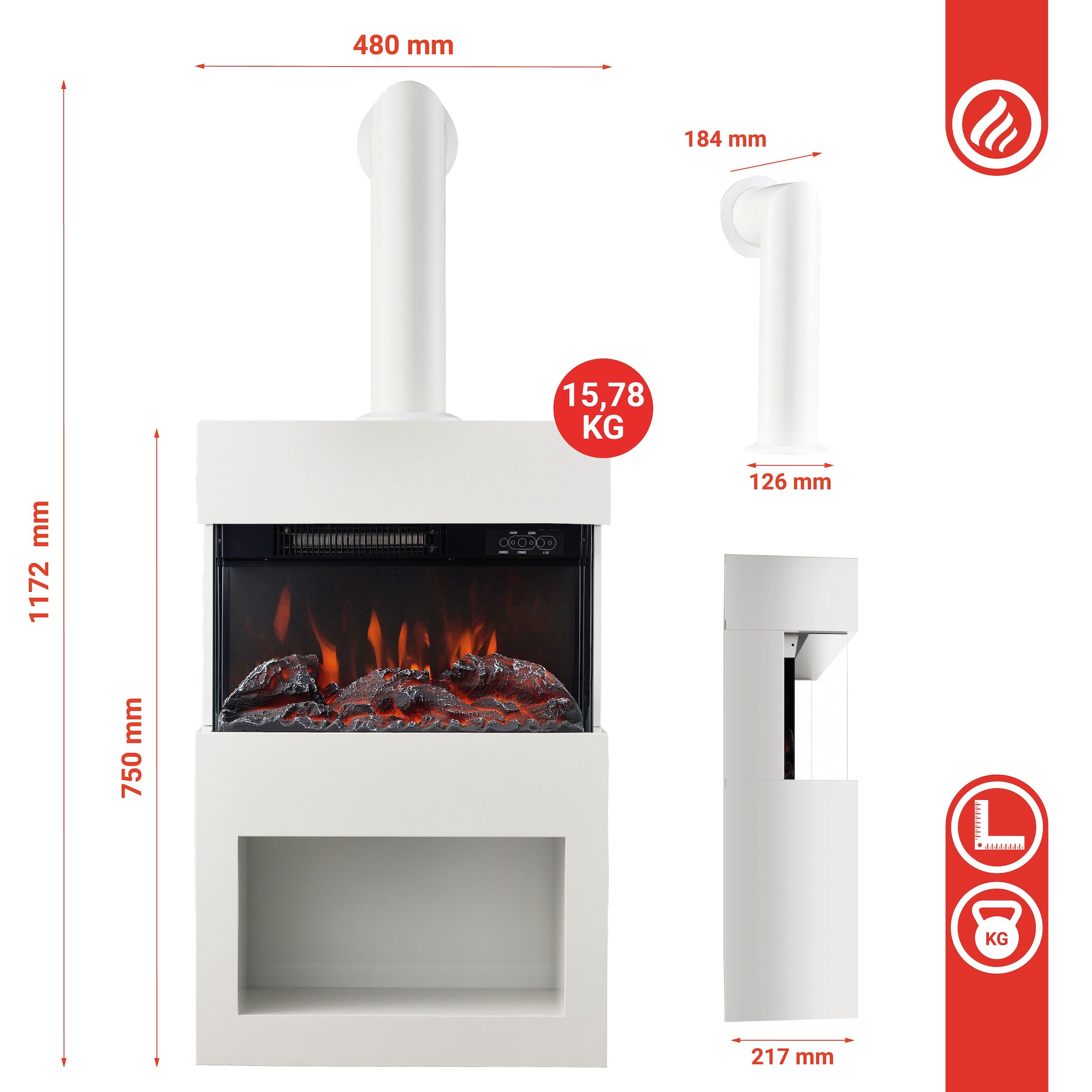 KAMINIO Cheminée Électrique HENRI avec Tuyau - Poêle avec Chauffage, Effet de flamme 3D, Compartiment à bois, Télécommande - Blanc - 6