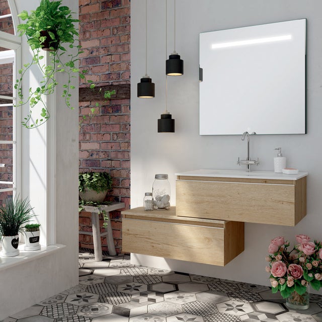 Meuble de salle de bain simple vasque - 2 tiroirs - PENA et miroir Led STAM - bambou (chêne clair) - 120cm