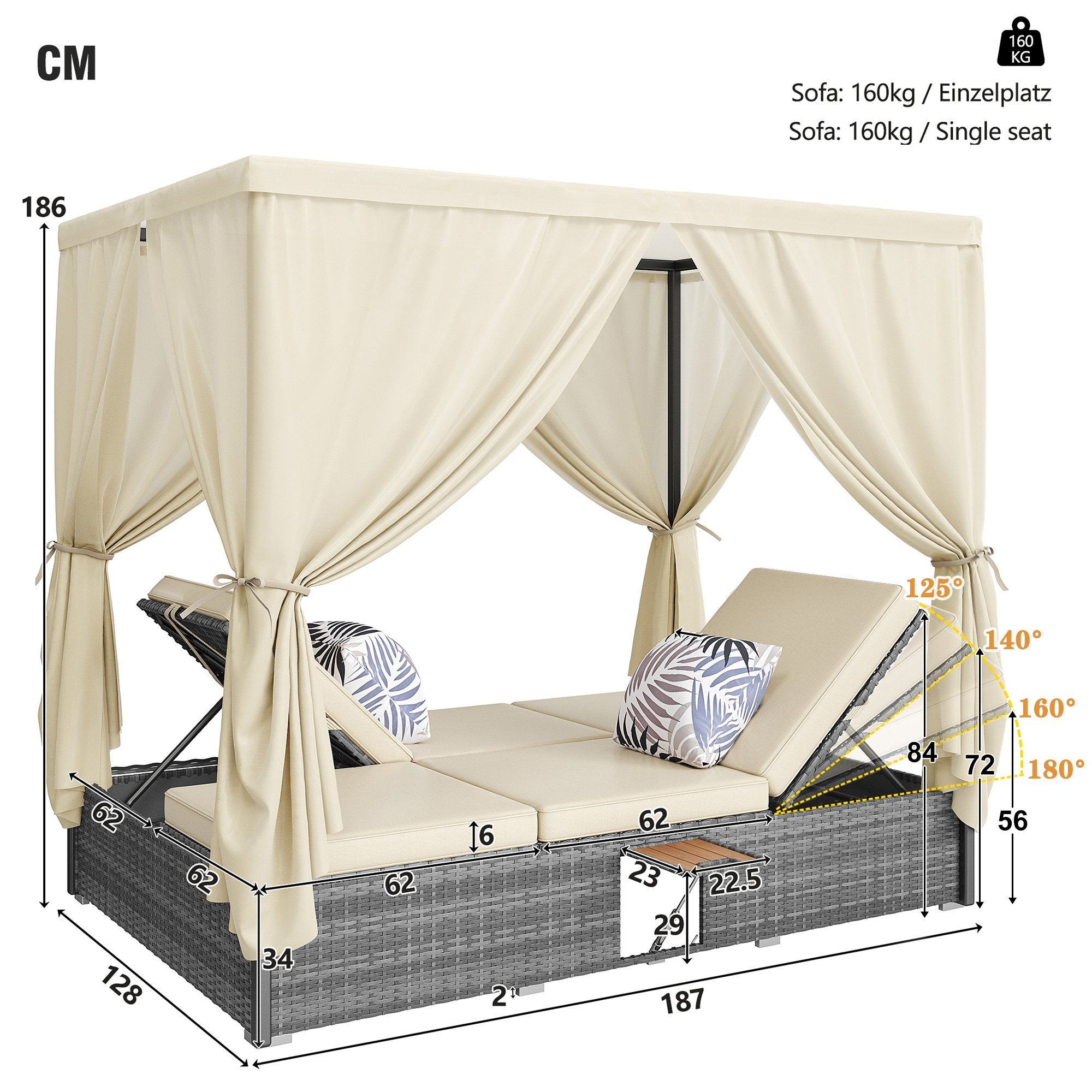 Chaise longue de jardin lit double avec parasol, chaise longue en rotin, coussins et table pliante avec coussins crème - 3