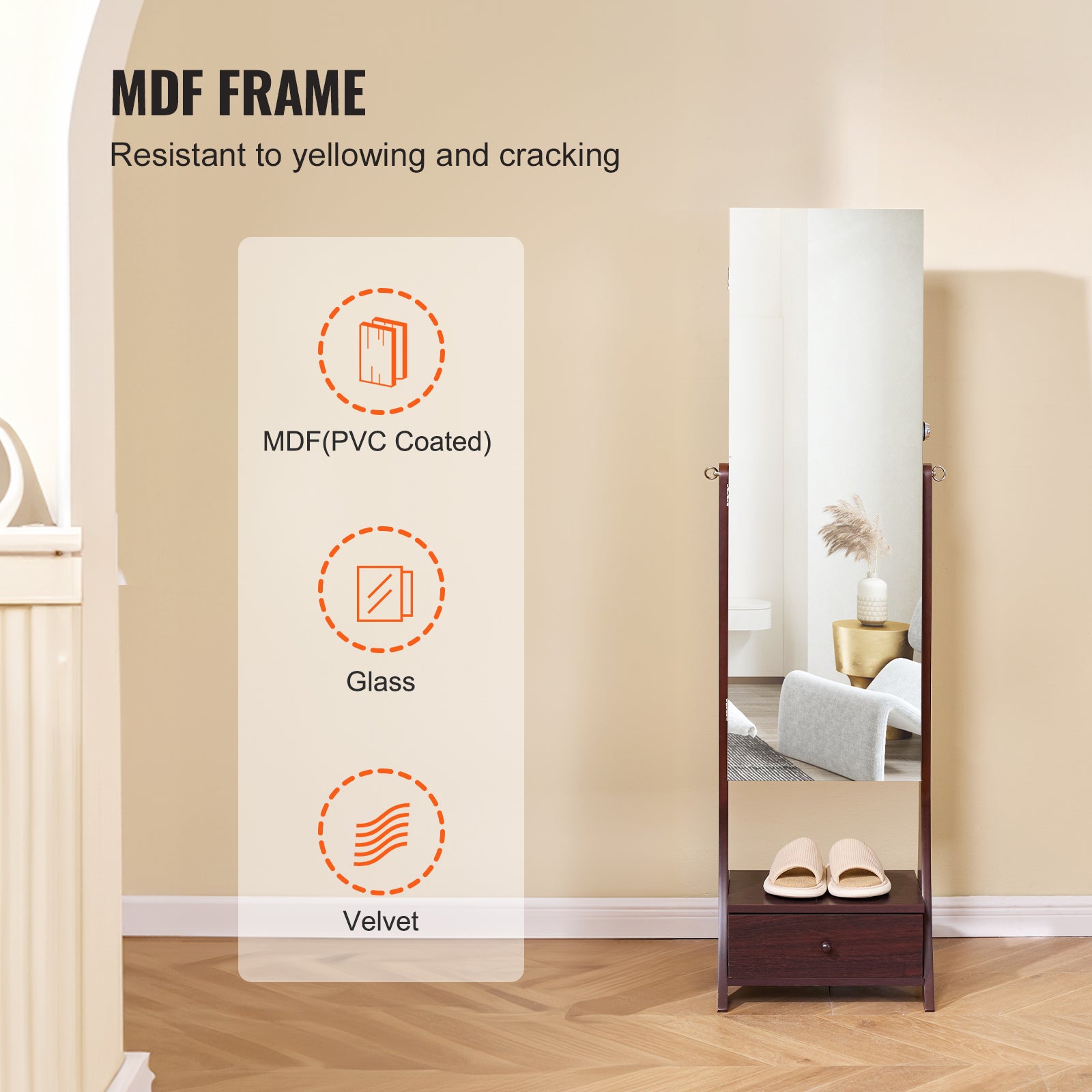 Armoire à Bijoux VEVOR avec Miroir Pleine Longueur, Organisateur sur Pied, Verrouillable, Intérieur LED, Velours, Tiroirs, Marron - 6