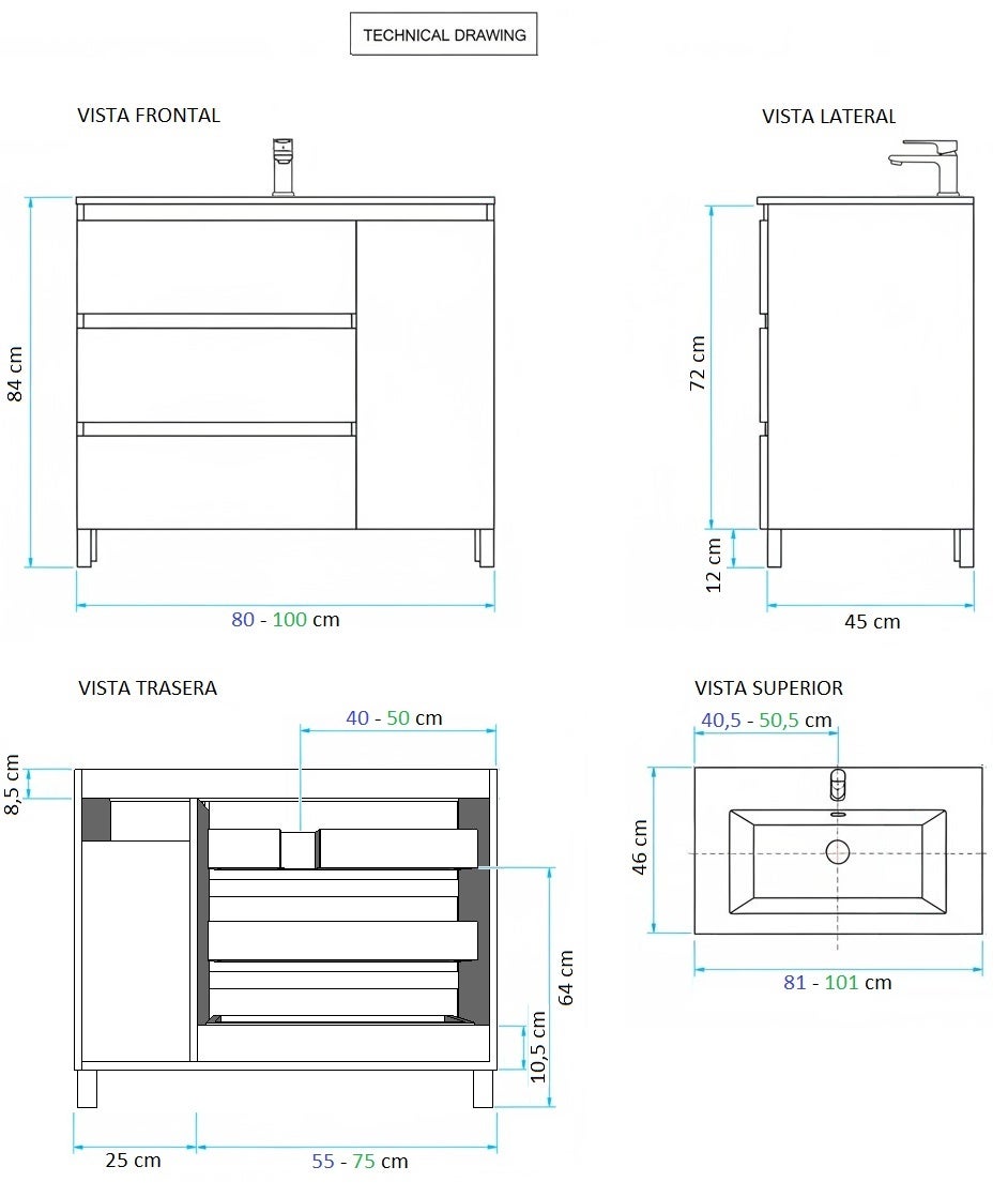 Ensemble meuble et plan de travail Alessandria en 100 cm, finition chêne guadarrama avec poignée exécutive - 8