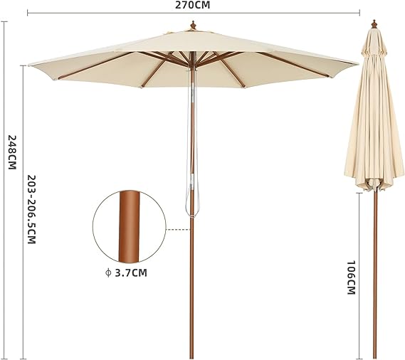 parasol inclinable ø2,7m toile polyester imperméable avec cordon de serrage 8 baleines ventilation pour jardin cour beige - 5