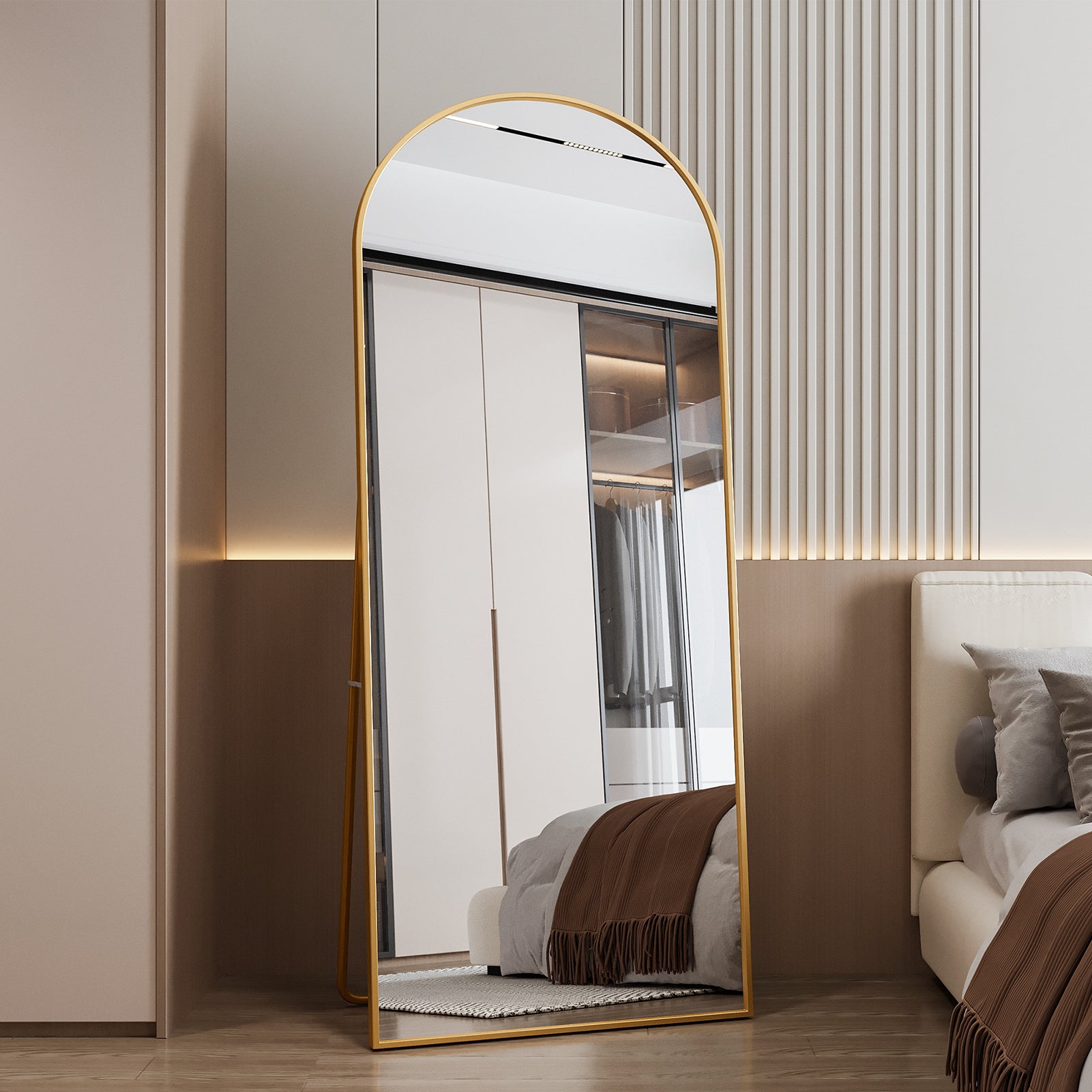 Miroir arc métal doré Arche 180 x 80 cm, Grand miroir sur pied bombé, Cadre en aluminium, Pleine longueur, Miroir pleine longueur, Monté au mur, Doré - 2