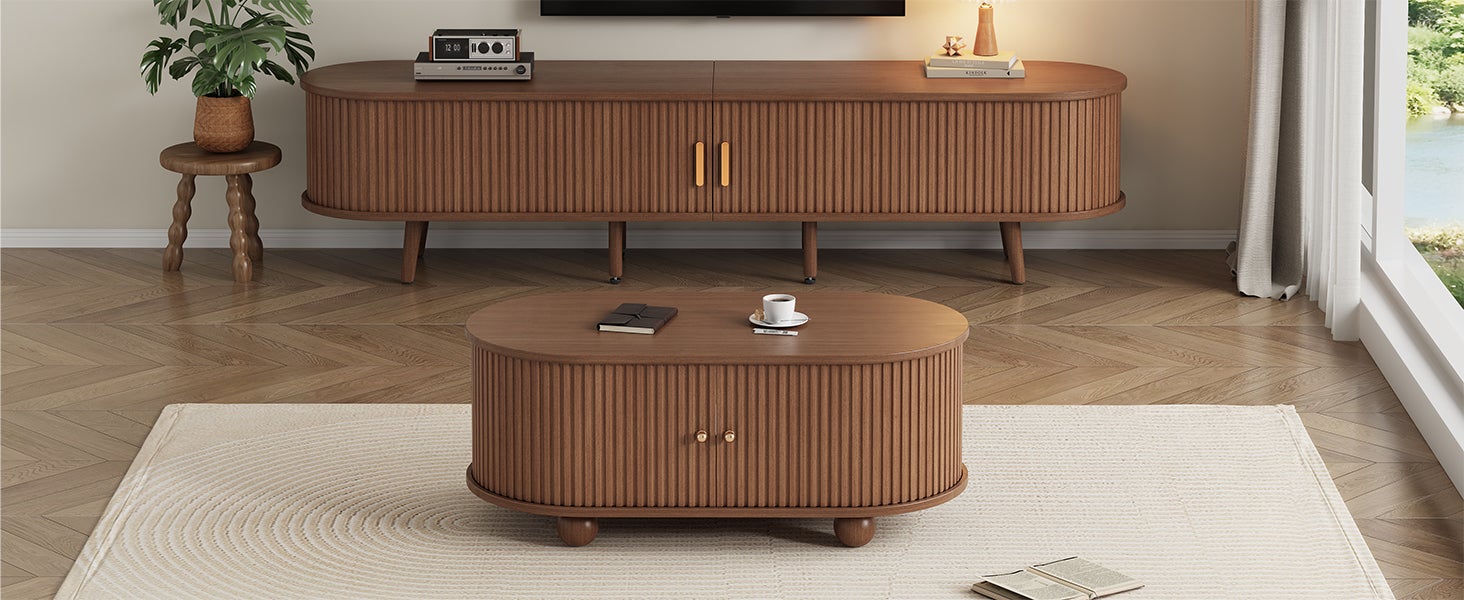 Ensemble Meuble TV + table basse - Portes coulissantes - 175 x 40 x 42 cm - MDF - Noyer - 9