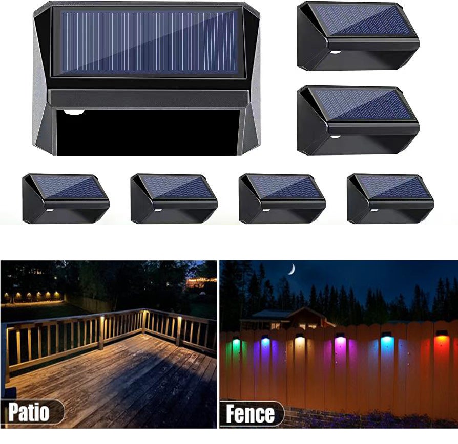 Zestaw 6 lamp solarnych na ogrodzenie, 8 trybów: biały ciepły, biały zimny i RGB, wodoodporne lampy solarne zewnętrzne na taras, podwórko, ścianę