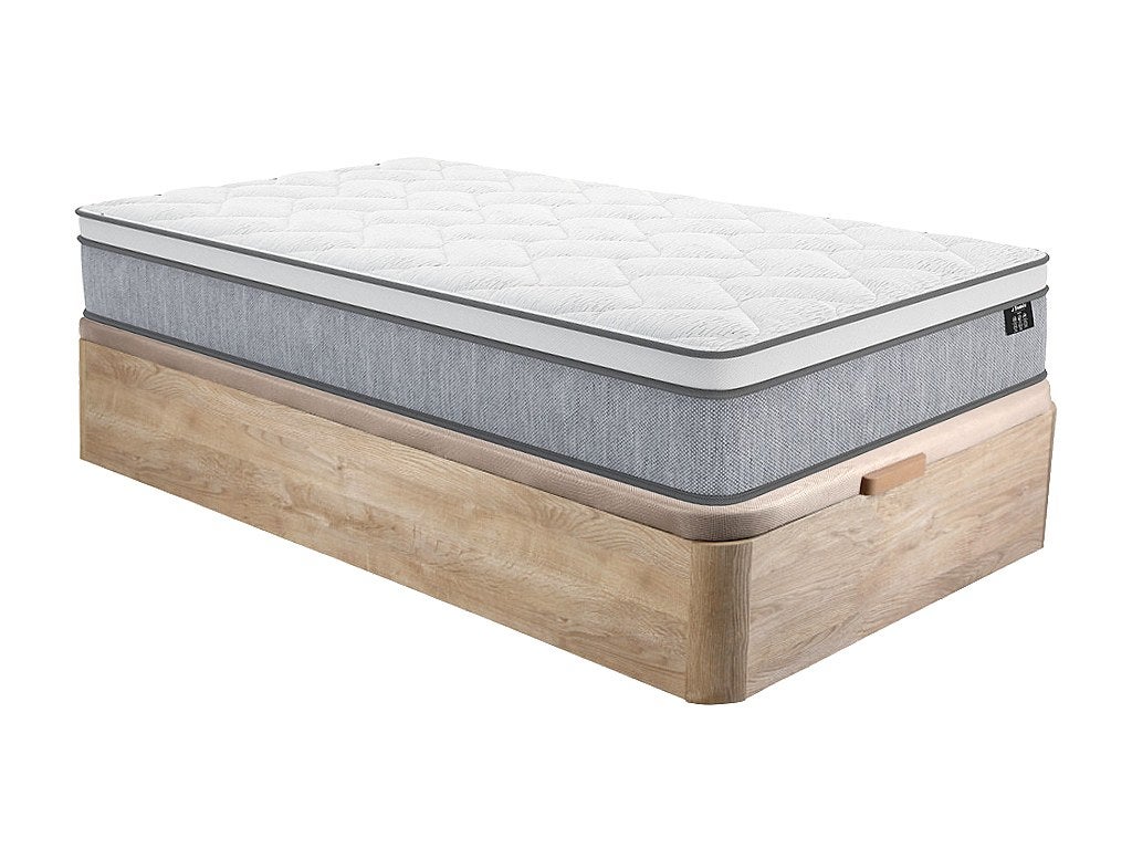 Zestaw 90 x 190 cm stelaż ze skrzynią naturalny jasny + materac o grub. 22 cm ze sprężynami kieszeniowymi - SERENITE marki YSMÉE