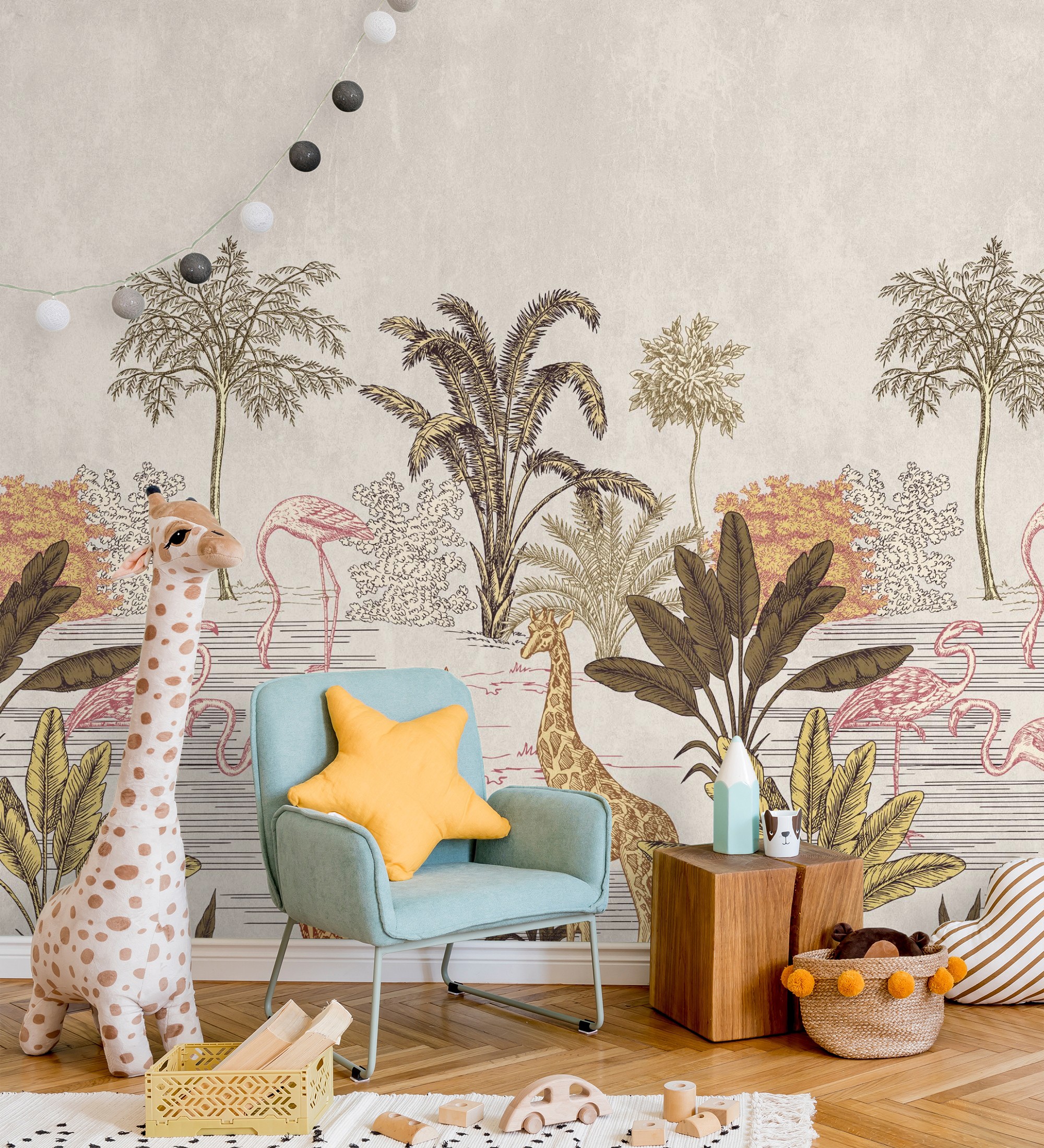 Papel pintado vinílico mural de safari con jirafas y flamencos - baby wonderland 683235 de gaulan - 2,80 m x 1,59 m