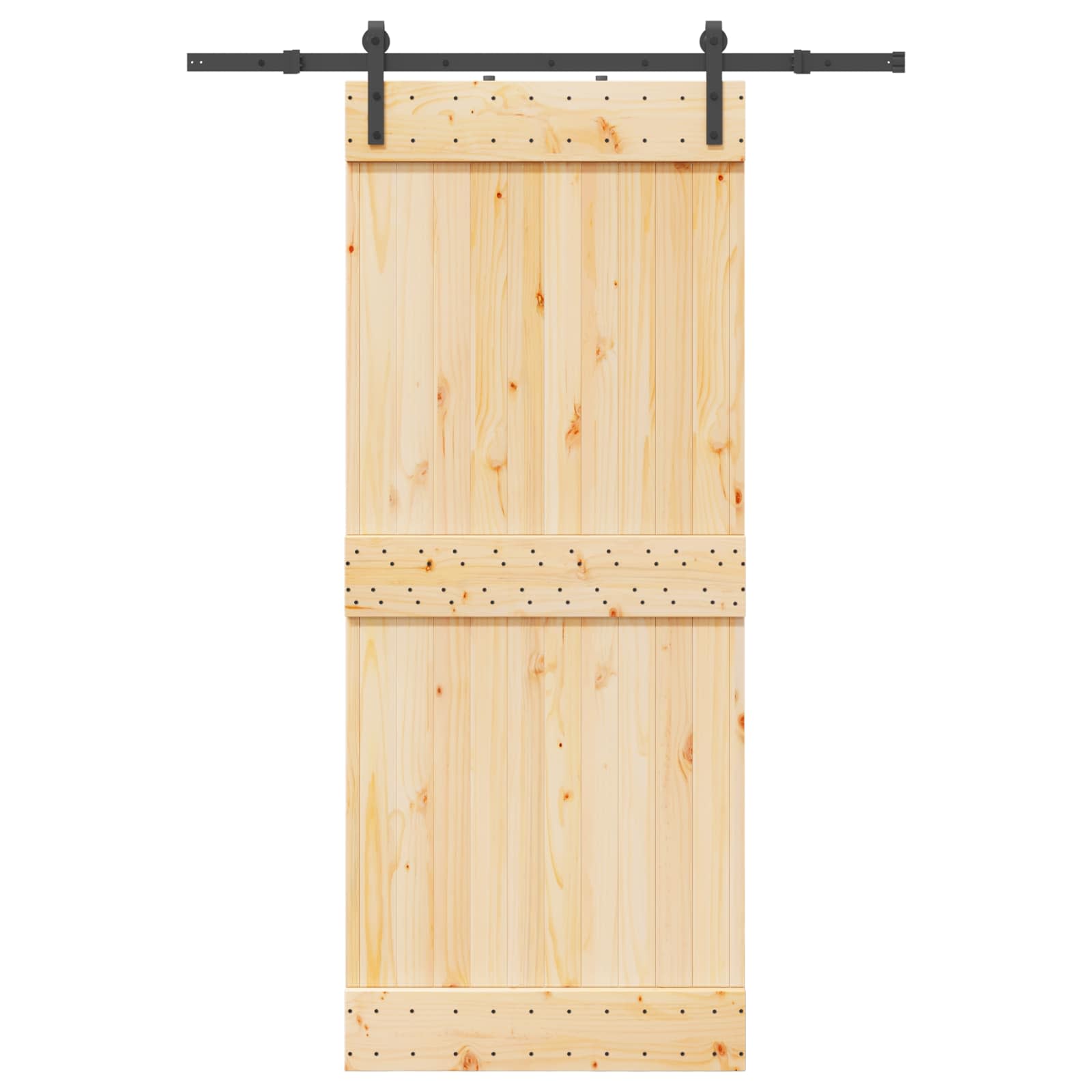 Porte coulissante avec rail - Bois de pin massif et acier - Naturel et ...