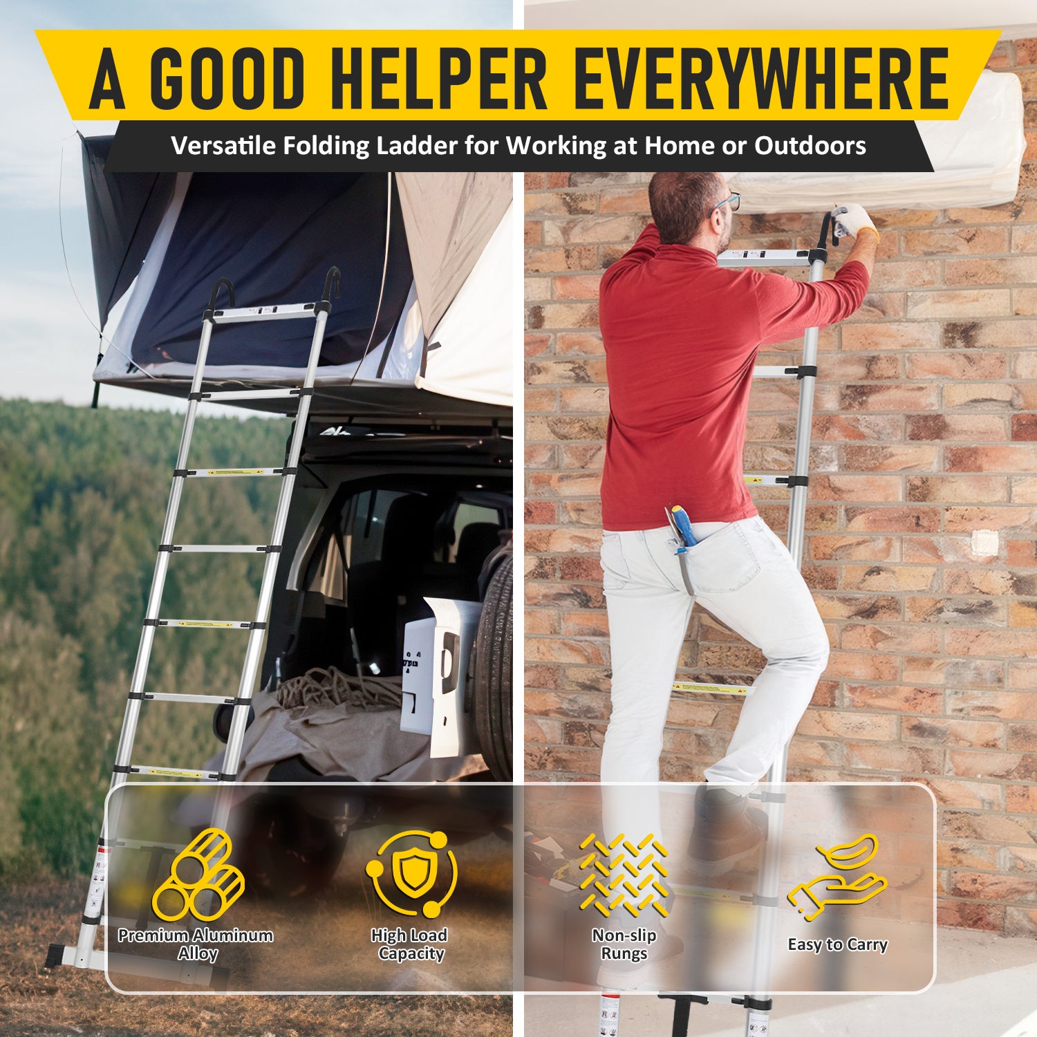 Escabeau echelle telescopiquePremium 3,8m argentée avec stabilisateur et crochets Stable - 3
