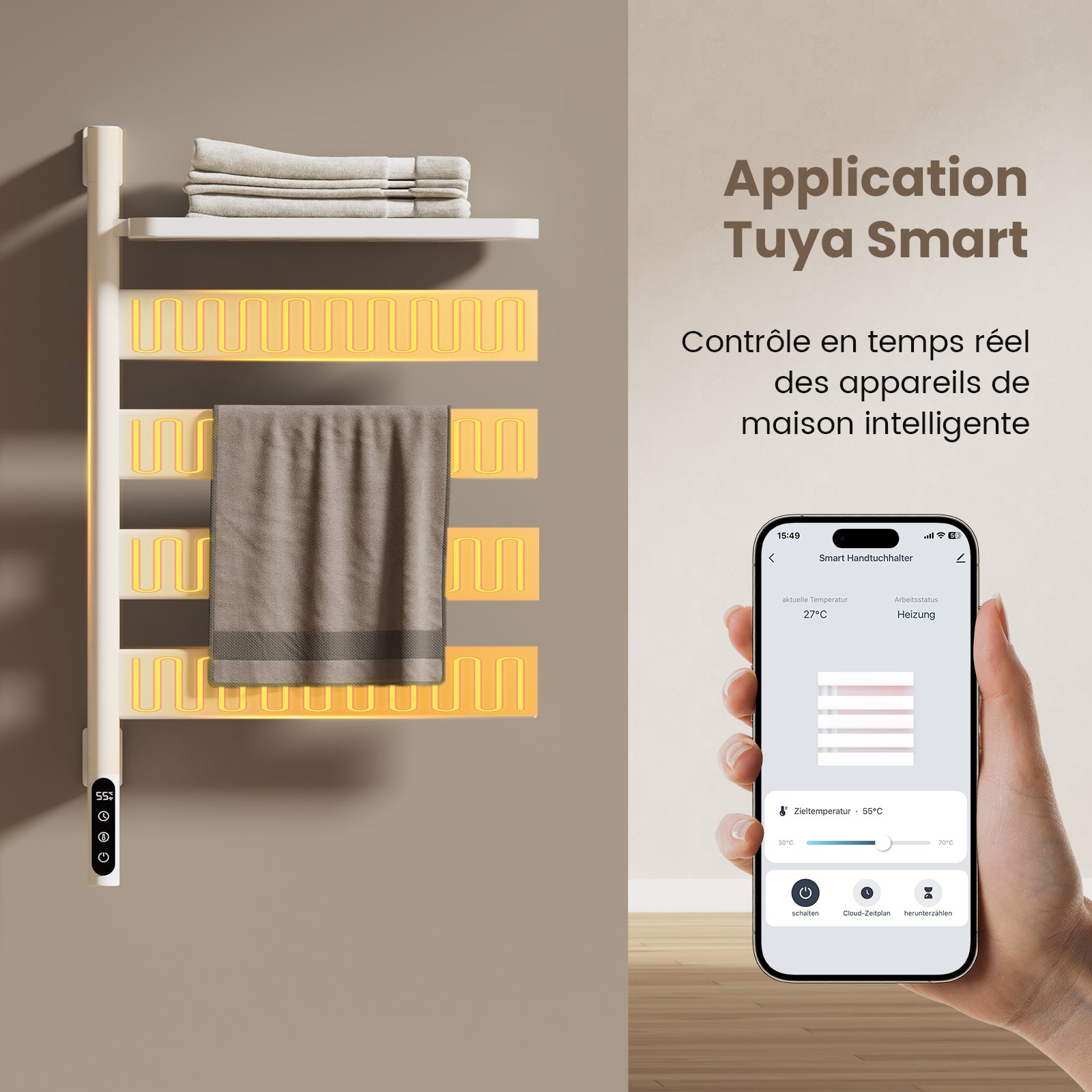 EMKE Sèche-serviettes Électrique Pivotant 180° avec Étagère - WiFi & Vocal - 76 x 45 cm, 120 W, Blanc Brillant - 8