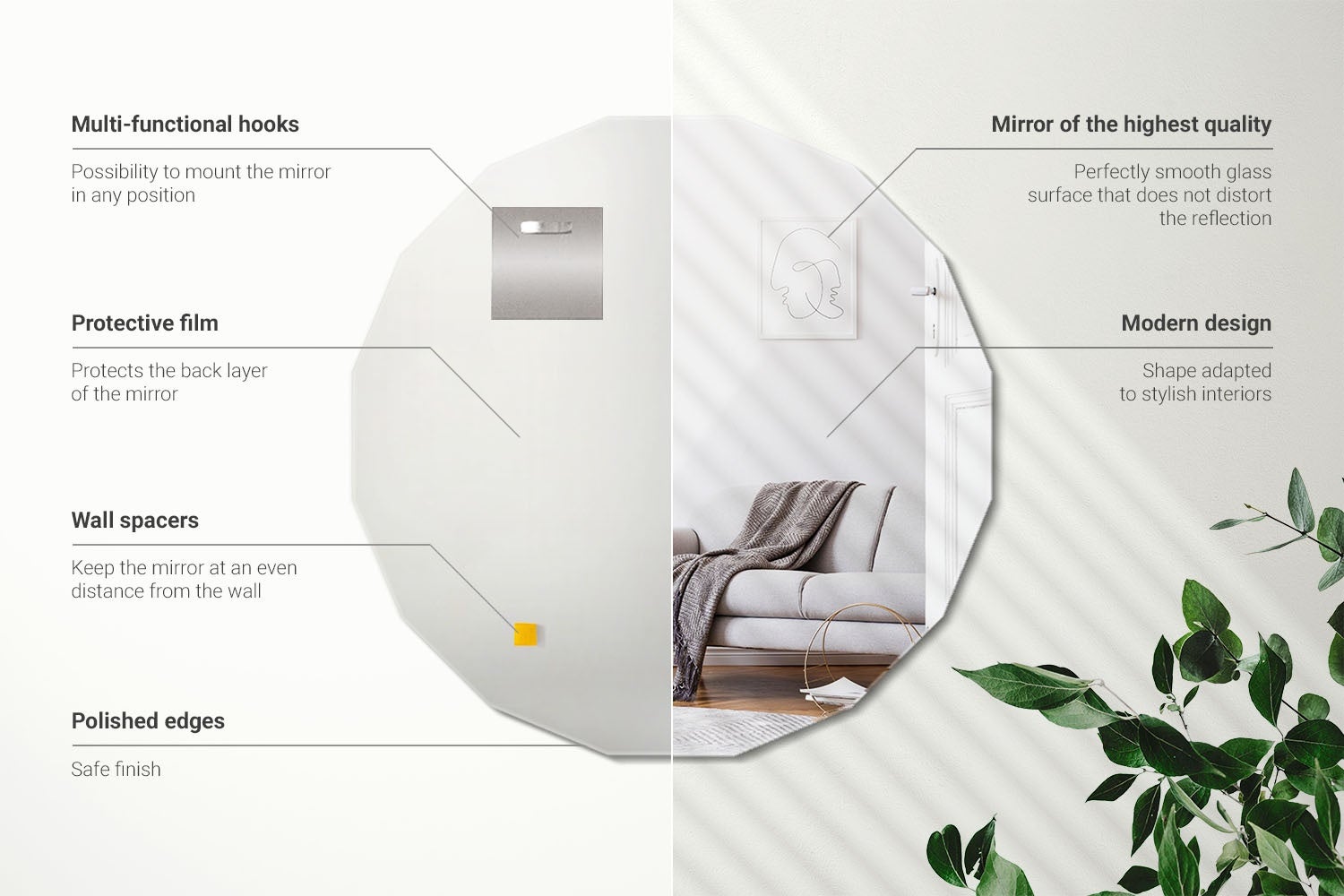 Specchio poligono rotondo decorativo per soggiorno, design moderno 50x50 cm, ArtPrintCave - 3