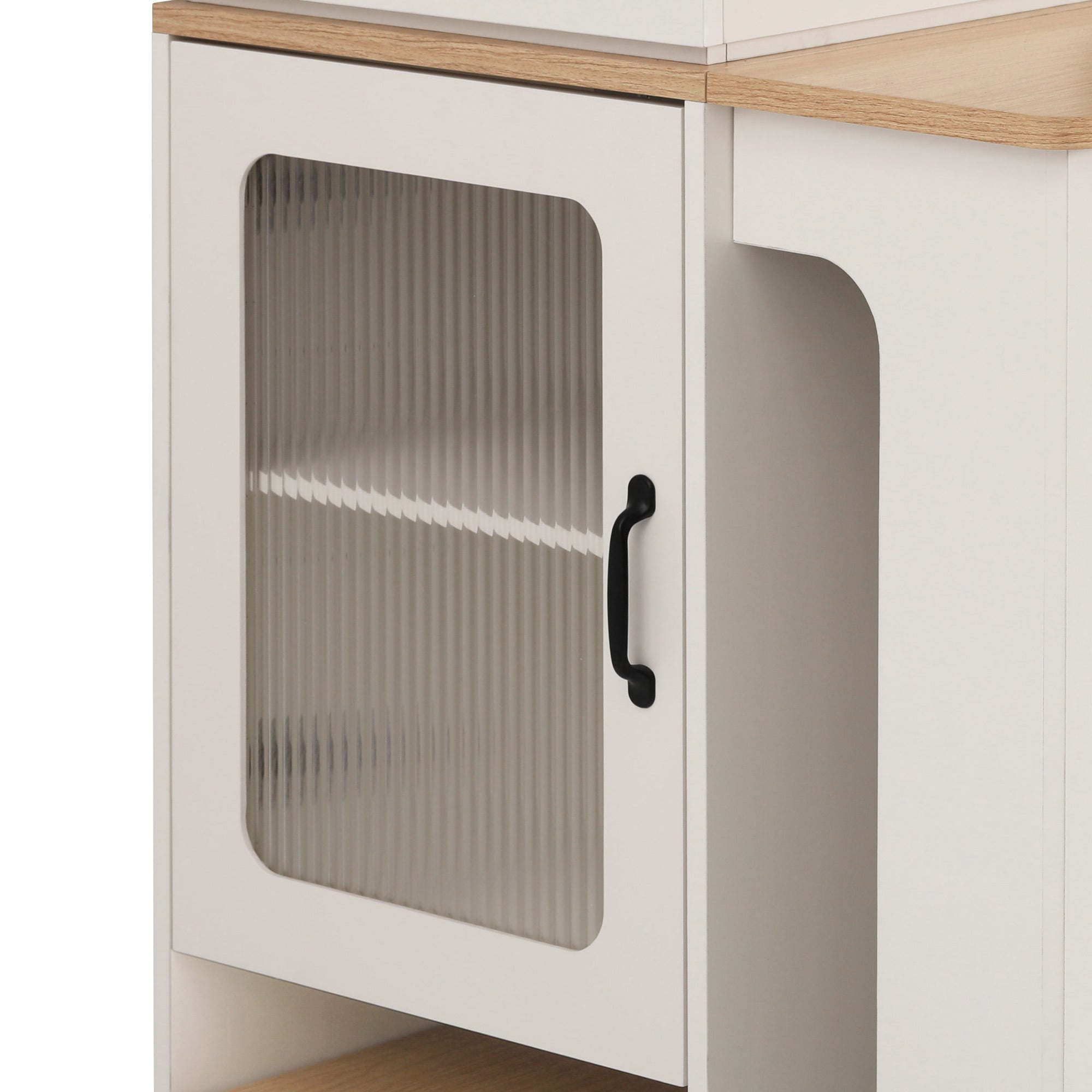 Ilot central de cuisine - avec prise de courant - avec table à manger amovible et extensible - texture du bois - avec 1 porte - naturel + blanc - 9