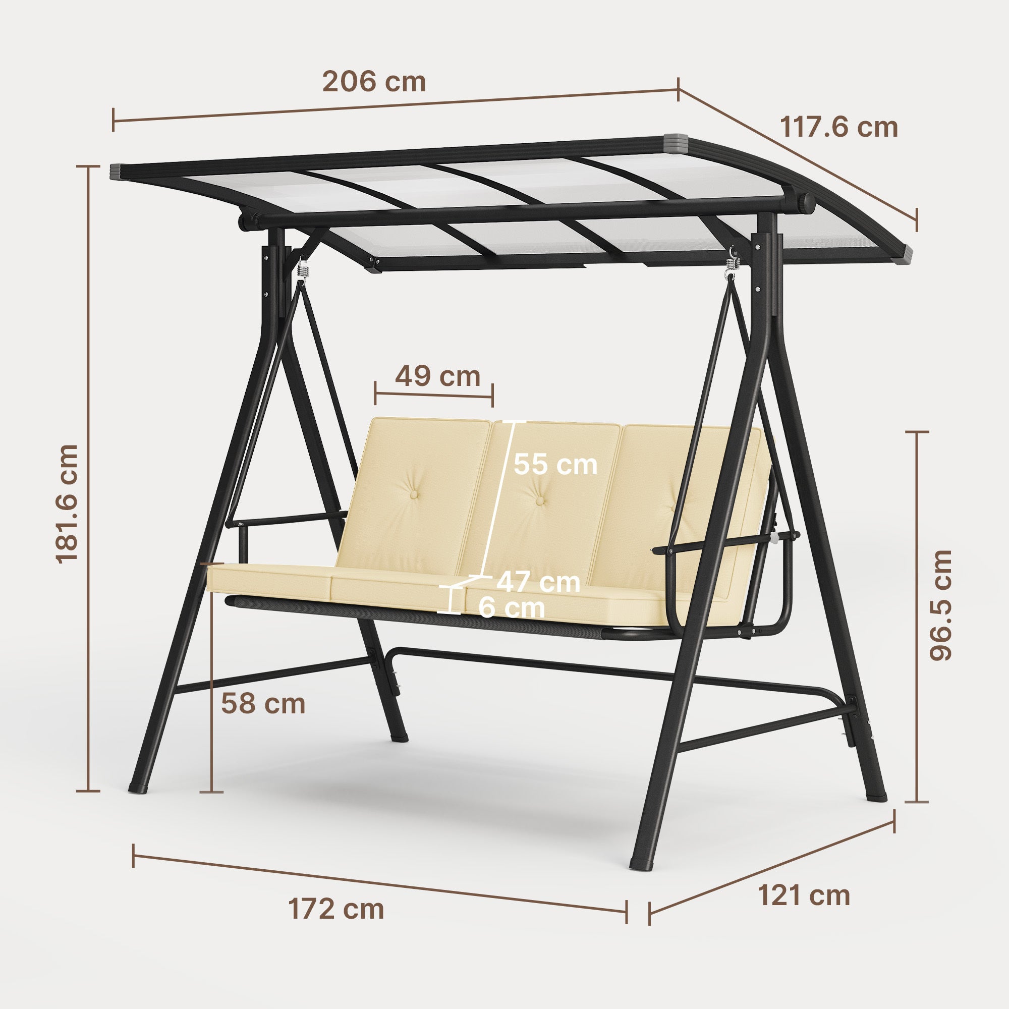 Balancelle de jardin 3 places avec toit transparent,structure métallique noire avec coussins beige - 3