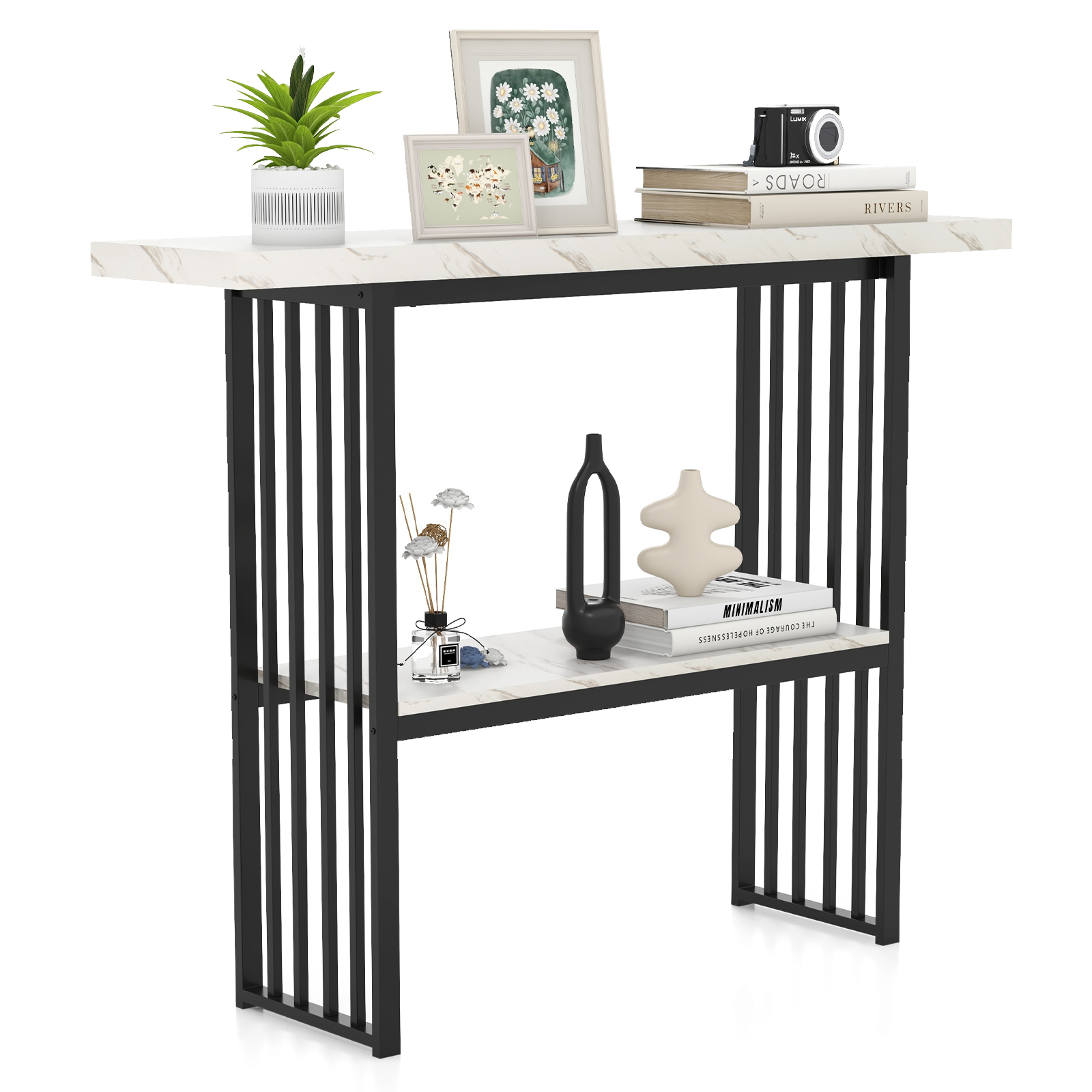 Stolik Konsolowy do Przedpokoju 120 x 29,5 x 92,5 cm, Blat Imitujący Marmur, Metalowa Rama, Skandynawski Mebel Konsolowy z 2 Półkami, Biały + Czarny