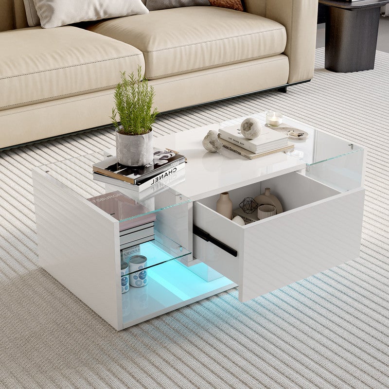 Table basse, Table basse salon LED avec espace de rangement, Table brillante avec étagère en verre, 100L x 50B x 35H cm - 5
