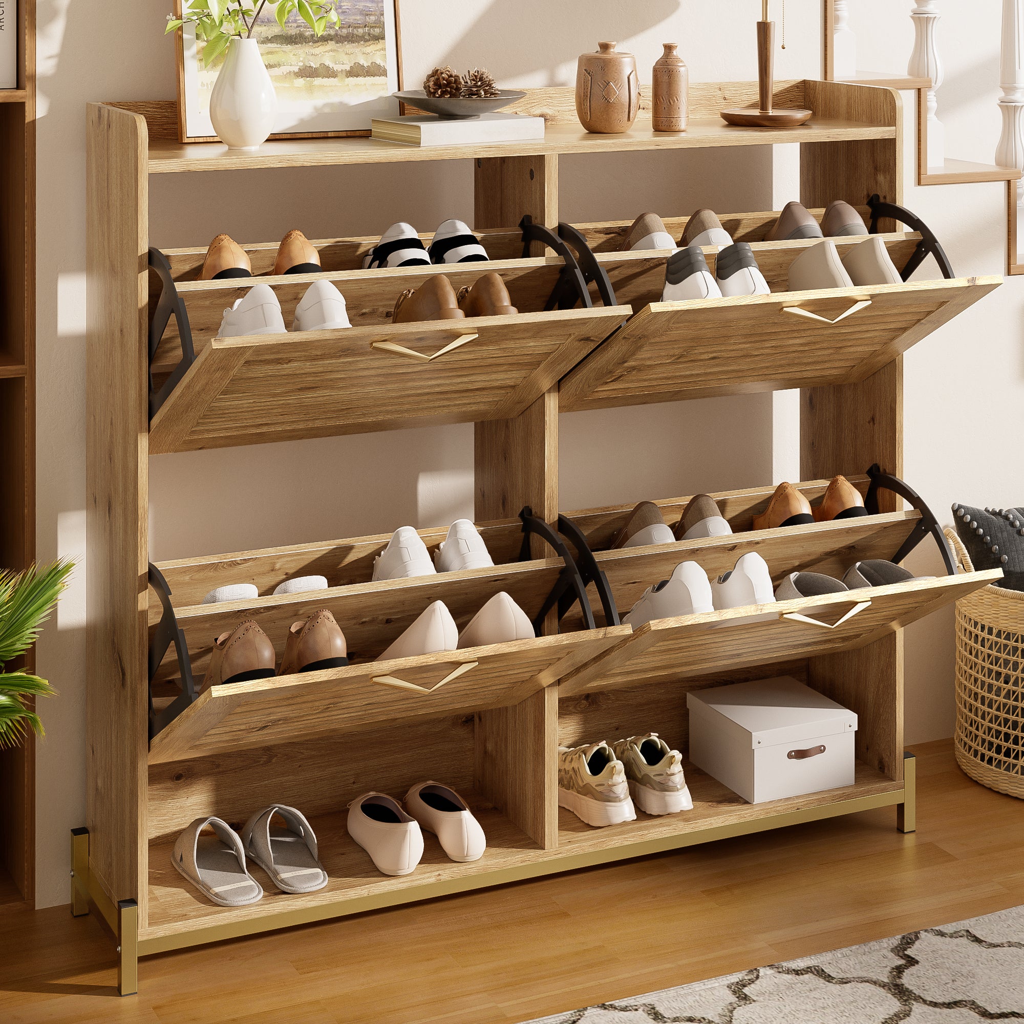 Meuble à chaussures 108.5x24x100 cm - avec 4 portes - Structure en métal - Étagère supérieure - MDF - Naturel - 2