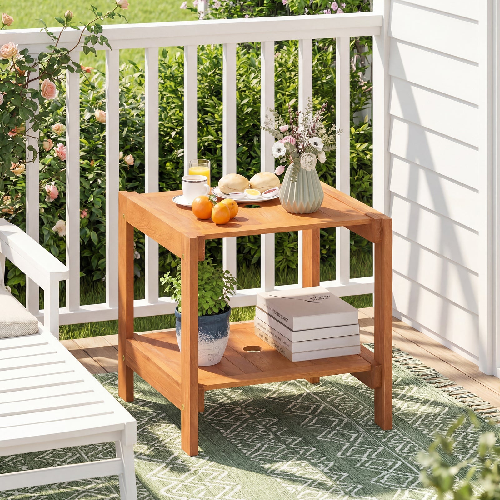 Table Basse Exterieur à 2 Niveaux, Table d’Appoint de Jardin en Bois, avec Trou pour Parasol, Plateau à Lattes, Naturel, 51 x 48 x 45 cm - 6